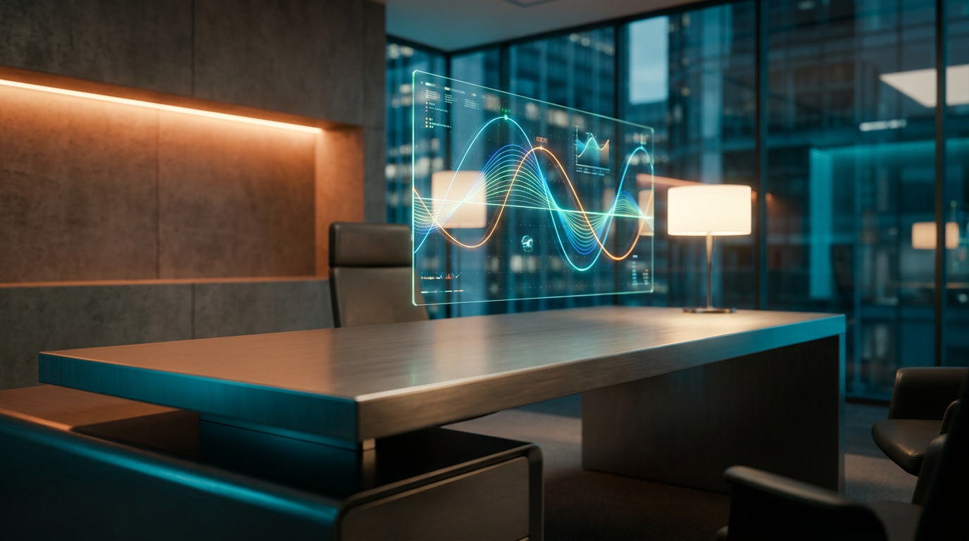 A high-end cinematic wide shot of a modern, minimalist executive workspace featuring a sleek, transparent holographic interface suspended above a brushed metallic desk, representing complex data visualization and predictive business modeling, the scene is illuminated with professional studio lighting including soft cream key lights and deep teal ambient rim lighting, a subtle accent of warm burnt orange light glows from a nearby architectural element to denote high-energy innovation, professional environment with shallow depth of field shot on an 85mm lens at f/1.8, the background is a blurred, high-tech glass-walled office with clean, geometric interior lines, pristine surfaces, no text, no logos, ultra-realistic 8K resolution, photorealistic commercial photography, 16:9 aspect ratio.