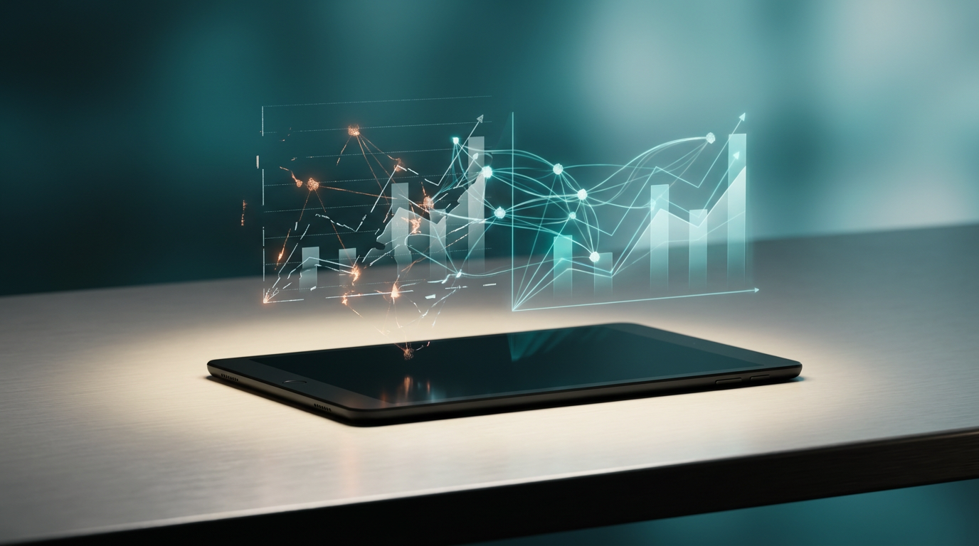 Photorealistic image of an ultra-modern minimalist executive workstation. A sleek, matte black smartphone or tablet rests on a brushed metallic gray (#E6E6E6) desk surface. Above the device, a complex, semi-transparent holographic interface projects upwards, depicting a blend of geometric telemetry graphs and neural network nodes. On one side of the projection, representing mobile UX mistakes, the holographic elements are subtly fragmented, showing disjointed data streams and incomplete connections, with a faint, subtle burnt orange (#E06719) glow around these 'broken' points, indicating friction and low conversion. On the other side of the projection, representing optimized UX fixes, the elements are seamlessly interconnected, flowing smoothly, with vibrant deep teal (#116F76) and soft cyan (#C1E3E6) volumetric illumination highlighting clear, upward-trending geometric graphs and perfectly aligned neural nodes, symbolizing high conversion and ROI. The minimalist workspace surface is bathed in a soft warm cream (#FFF4CE) key light. The background features a subtle deep teal (#116F76) to soft cyan (#C1E3E6) gradient depth. Shot on 85mm prime lens at f/1.8, shallow depth of field, creamy bokeh, cinematic volumetric studio lighting, crisp specular reflections, hyper-realistic 8K textures, zero visible text or logos. --ar 16:9