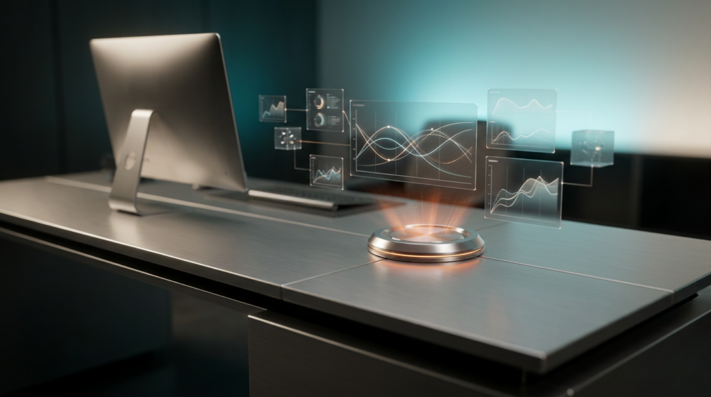 16:9 widescreen aspect ratio, ultra-modern minimalist executive workstation featuring pristine brushed metallic gray surfaces, illuminated by a soft warm cream key light. Floating semi-transparent 3D data nodes, interlinked with glowing holographic system tiles, project geometric telemetry graphs, symbolizing owned and integrated digital assets. A subtle, energetic burnt orange light pulse emanates from a central data hub, indicating active control and secure operations. Ambient volumetric illumination transitions from deep teal to soft cyan in the background, creating a sense of secure depth and advanced technology. Photorealistic, crisp specular reflections, shot on an 85mm prime lens at f/1.8, extremely shallow depth of field, creamy bokeh, hyper-realistic 8K textures, cinematic studio lighting. ZERO visible text, typography, charts with writing, or brand logos.