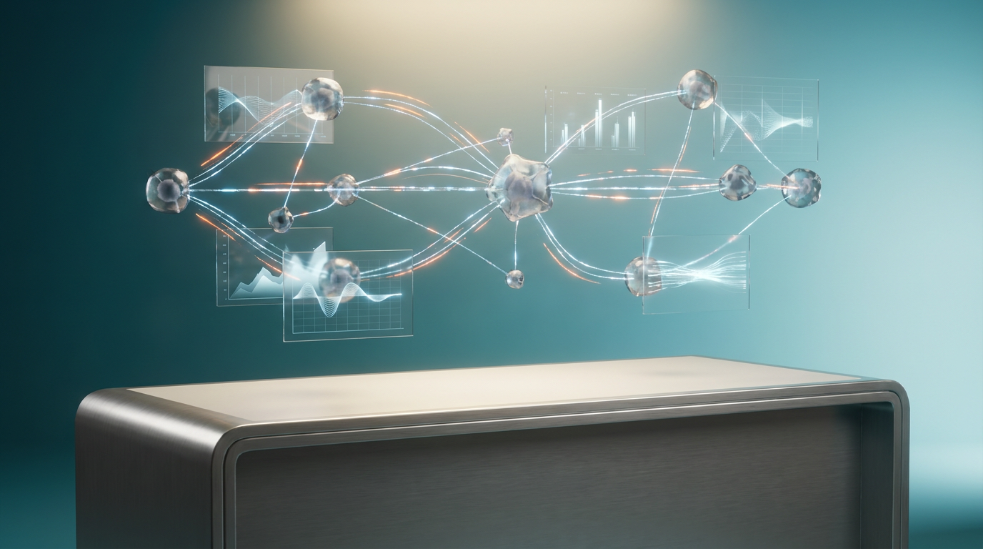 A photorealistic, ultra-modern minimalist executive workstation featuring a sleek, brushed metallic gray desk surface (`#E6E6E6`) softly illuminated by warm cream key lighting (`#FFF4CE`). Above the desk, an intricate network of floating, semi-transparent 3D neural nodes, interconnected with glowing data pathways, represents an LLM's processing and brand evaluation. Holographic system tiles display abstract geometric telemetry graphs and dynamic data flows, visually suggesting information selection and citation, completely devoid of any visible text or logos. Subtle energetic light streaks in burnt orange (`#E06719`) pulse through key connections within the neural network, highlighting focal points of data flow. The background features a deep teal to soft cyan gradient (`#116F76` to `#C1E3E6`), providing ambient volumetric illumination and reflecting in the glass-like holographic elements. Shot on 85mm prime lens at f/1.8, shallow depth of field, creamy bokeh, cinematic volumetric studio lighting, crisp specular reflections, hyper-realistic 8K textures. 16:9 widescreen aspect ratio.