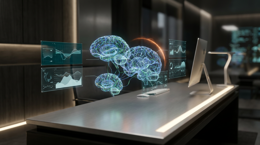 An ultra-modern minimalist executive workstation features multiple floating semi-transparent 3D neural nodes, glowing holographic system tiles displaying complex abstract geometric telemetry graphs representing B2B paid media ROAS and pipeline growth, and dynamic data streams. Ambient volumetric illumination in deep teal (#116F76) and soft cyan (#C1E3E6) emanates from the holographic elements and background depth, casting ethereal reflections on the brushed metallic gray (#E6E6E6) surfaces of the high-tech workstation. A subtle energetic data pulse in burnt orange (#E06719) highlights a key revenue projection on one of the floating graphs, while soft warm cream (#FFF4CE) key lighting gently illuminates the sleek desk surface. This scene conveys strategic control and data-driven insights in a sophisticated, near-future B2B advertising environment. Shot on 85mm prime lens at f/1.8, shallow depth of field, creamy bokeh, cinematic volumetric studio lighting, crisp specular reflections, hyper-realistic 8K textures, 16:9 widescreen aspect ratio. No visible text, no logos, no typography, no charts with writing.