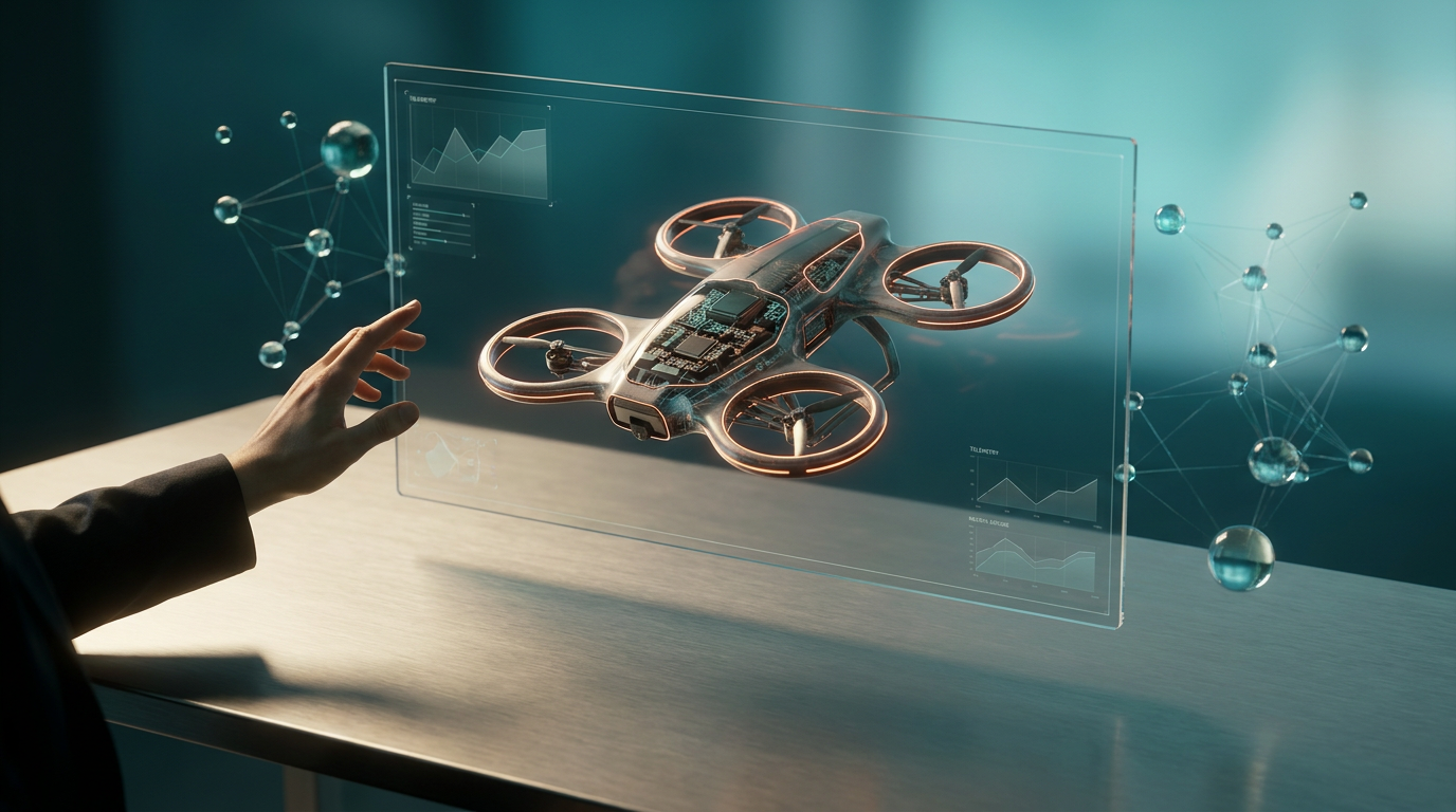 Ultra-modern minimalist executive workstation desk made of brushed metallic gray, bathed in soft warm cream key lighting. A hand subtly gestures towards a large, floating holographic display. On the holographic display, a highly detailed, photorealistic 3D product model, such as a sleek futuristic drone with visible internal components, is rendered interactively, showcasing configurable parts with a subtle burnt orange glowing outline. Surrounding the main product, semi-transparent deep teal and soft cyan geometric telemetry graphs and neural nodes float in the air, hinting at data visualization and system interaction. The background features a deep teal to soft cyan gradient depth, with ambient volumetric illumination and crisp glass node reflections in matching colors. Hyper-realistic 8K textures are visible on all surfaces, enhanced by crisp specular reflections. Shot on 85mm prime lens at f/1.8, shallow depth of field, creamy bokeh, cinematic volumetric studio lighting. No visible text, typography, letters, charts with writing, or fake brand logos. 16:9 widescreen aspect ratio.