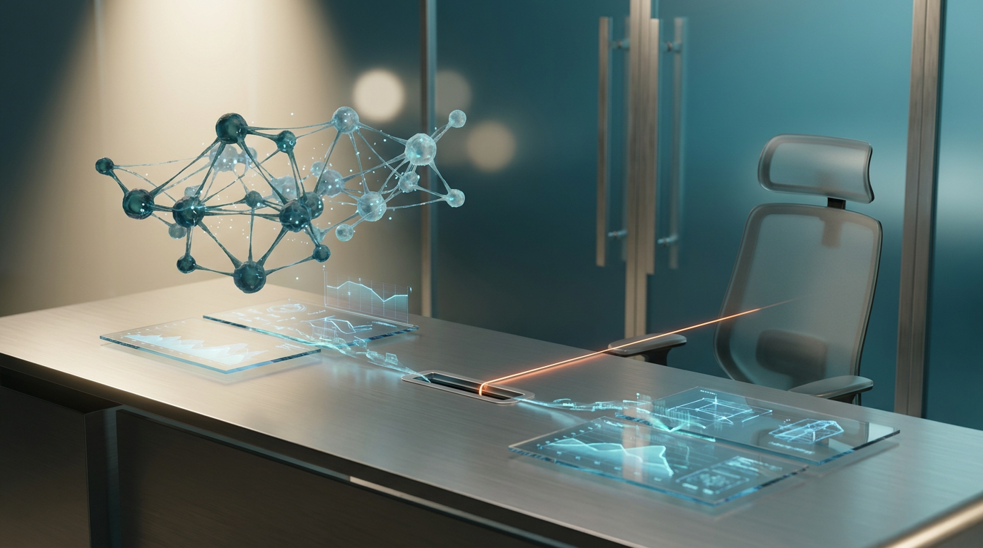 A meticulously designed ultra-modern minimalist executive workstation, featuring a sleek brushed metallic gray desk surface bathed in soft warm cream key lighting. Floating semi-transparent deep teal and soft cyan 3D neural nodes intricately connect, symbolizing complex data and product models. Glowing holographic system tiles project geometric telemetry graphs and crisp digital product blueprints in vibrant soft cyan hues, subtly animated to show rapid data flow and scalability. A singular, subtle burnt orange energetic light streak emanates from a central focal point, illustrating an automated data pulse and unparalleled efficiency. The entire scene is set against a deep teal to soft cyan gradient background, with crisp specular reflections on high-tech matte glass finishes and architectural elements. Shot on 85mm prime lens at f/1.8, shallow depth of field, creamy bokeh, cinematic volumetric studio lighting, hyper-realistic 8K textures, 16:9 widescreen aspect ratio, --no text, logos, writing, typography, charts with words.