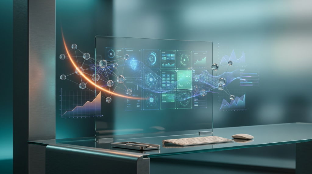 An ultra-modern minimalist executive workstation featuring a large central transparent display showing glowing holographic system tiles. Floating semi-transparent 3D neural network nodes are interconnected by subtle data streams, with geometric telemetry graphs visualizing growth metrics. A focused burnt orange light streak intelligently highlights specific target account nodes or a section of a graph, symbolizing precision targeting and accelerated deal closing. Ambient volumetric illumination in deep teal and soft cyan washes the scene, creating glass node reflections and background gradient depth. Soft warm cream key lighting gently illuminates minimalist workspace surfaces. High-tech hardware and architectural elements are in brushed metallic gray. Shot on 85mm prime lens at f/1.8, shallow depth of field, creamy bokeh, cinematic volumetric studio lighting, crisp specular reflections, hyper-realistic 8K textures, 16:9 widescreen aspect ratio, no visible text, no logos.