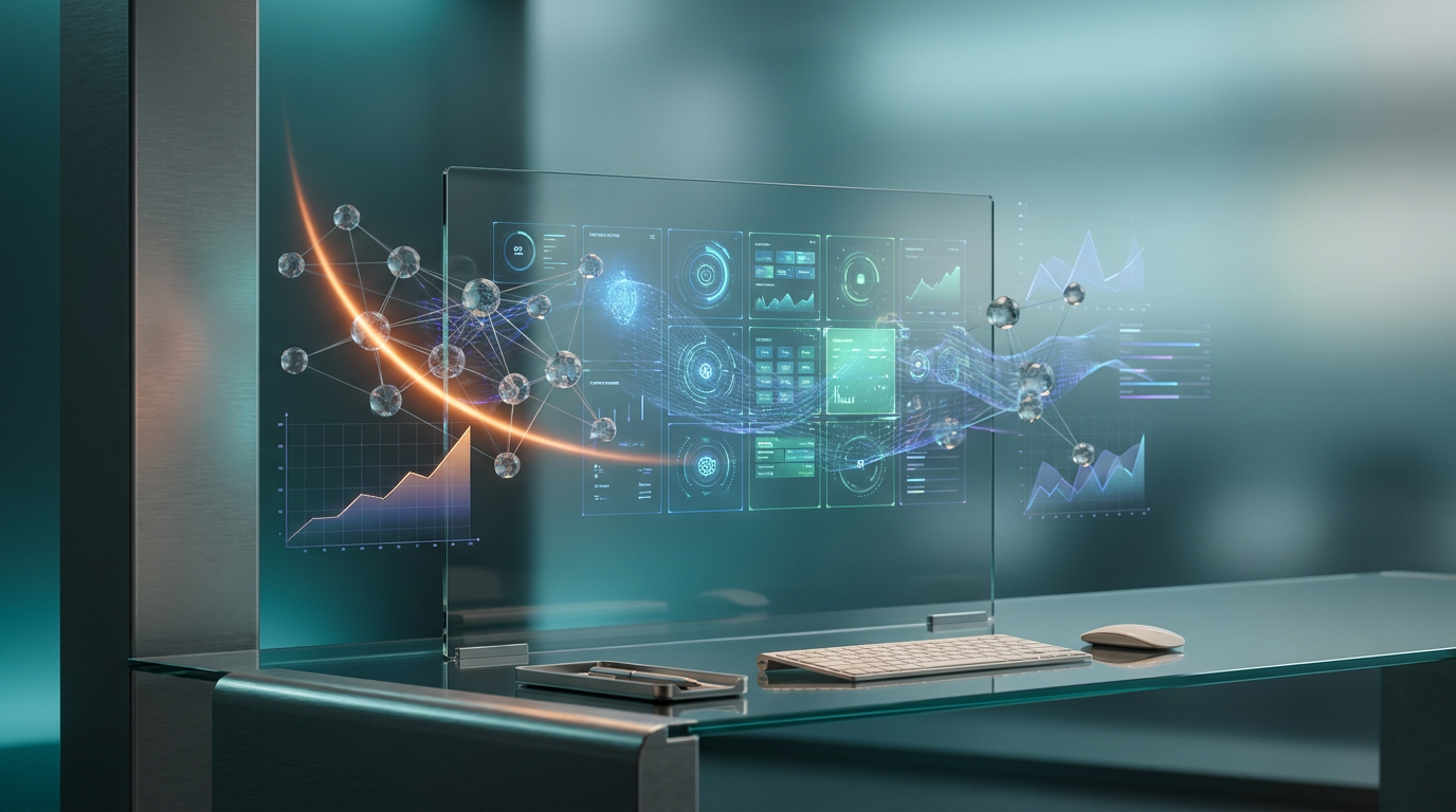 An ultra-modern minimalist executive workstation featuring a large central transparent display showing glowing holographic system tiles. Floating semi-transparent 3D neural network nodes are interconnected by subtle data streams, with geometric telemetry graphs visualizing growth metrics. A focused burnt orange light streak intelligently highlights specific target account nodes or a section of a graph, symbolizing precision targeting and accelerated deal closing. Ambient volumetric illumination in deep teal and soft cyan washes the scene, creating glass node reflections and background gradient depth. Soft warm cream key lighting gently illuminates minimalist workspace surfaces. High-tech hardware and architectural elements are in brushed metallic gray. Shot on 85mm prime lens at f/1.8, shallow depth of field, creamy bokeh, cinematic volumetric studio lighting, crisp specular reflections, hyper-realistic 8K textures, 16:9 widescreen aspect ratio, no visible text, no logos.