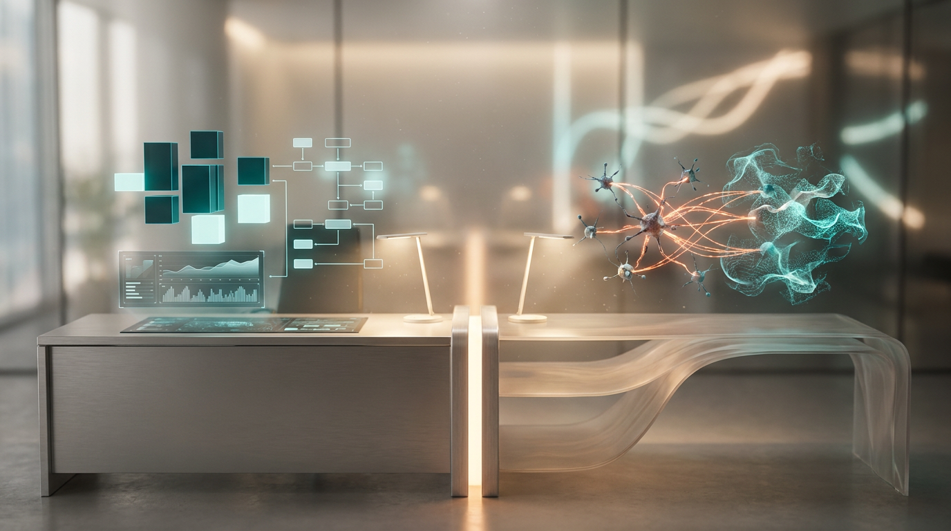 Photorealistic image of an ultra-modern minimalist executive workstation divided into two distinct but harmonized sections, visually representing Agentic AI and Robotic Process Automation (RPA) in a head-to-head ROI comparison. The RPA section features sleek brushed metallic gray surfaces, displaying glowing geometric blocks and linear flowchart projections in deep teal and soft cyan, depicting structured, rules-based automation with rigid data telemetry graphs. Adjacent, the Agentic AI section features a fluid, organic interface with floating semi-transparent 3D neural nodes interconnected by subtle burnt orange data pulses and complex, dynamic geometric telemetry graphs, all rendered with a deep teal and soft cyan gradient depth. Soft warm cream key lighting bathes the minimalist workspace surfaces, while cinematic volumetric studio lighting permeates the scene. Shot on an 85mm prime lens at f/1.8, exhibiting a shallow depth of field and creamy bokeh, with crisp specular reflections and hyper-realistic 8K textures. ZERO visible text, typography, letters, charts with writing, or fake brand logos. 16:9 widescreen aspect ratio.