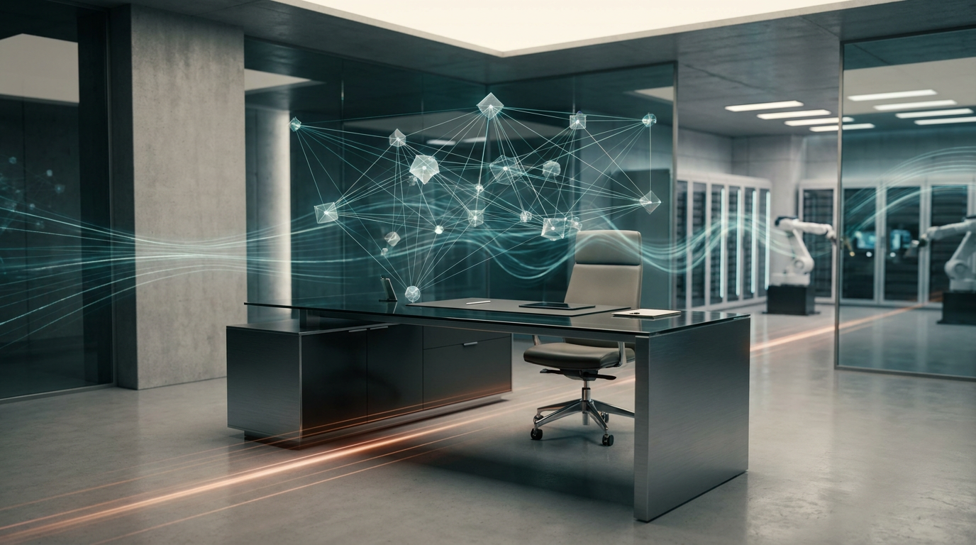 Cinematic wide-angle studio photography of a sophisticated, ultra-modern executive workspace integrated with advanced autonomous infrastructure, a sleek minimalist desk featuring a hovering semi-transparent 3D neural network structure composed of glowing geometric nodes, intricate light trails flowing through a clean high-tech architectural environment, deep teal and soft cyan ambient illumination reflecting off brushed metallic surfaces and glass, a subtle warm burnt orange light streak simulating rapid automated data synthesis, cream-colored soft key lighting highlighting the professional workspace surfaces, shot on an 85mm lens at f/1.8 to create a shallow depth of field, crisp specular reflections, hyper-realistic 8k texture, sharp focus on the intersection of human-centric design and automated complexity, no text, no branding, no typography, 16:9 widescreen aspect ratio.