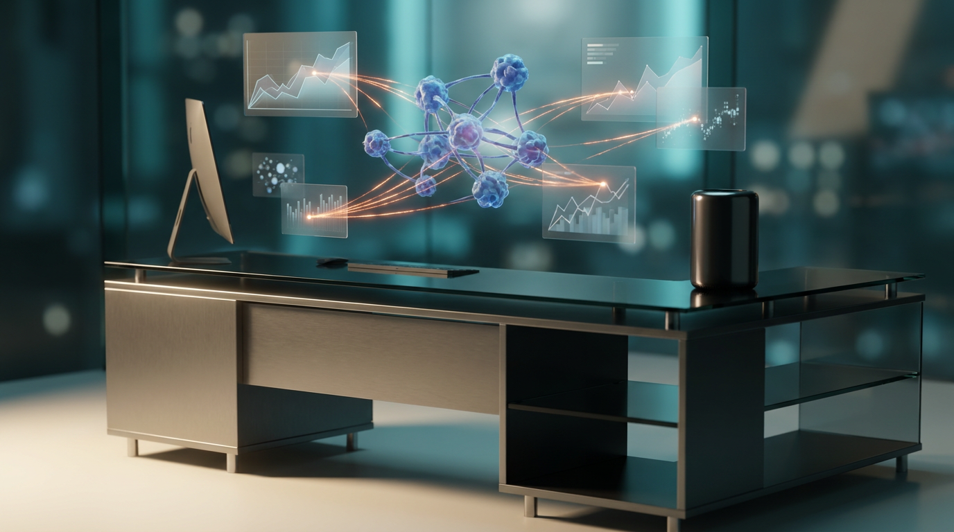 photorealistic, an ultra-modern minimalist executive workstation with sleek brushed metallic gray surfaces and matte glass finishes. The workstation is bathed in a soft warm cream key light, highlighting its clean lines. Above and around the desk, floating semi-transparent 3D neural nodes seamlessly connect to glowing holographic system tiles, which display dynamic geometric telemetry graphs illustrating exponential growth. Subtle energetic burnt orange light streaks trace automated data pulses across the interconnected systems, representing intelligent workflows. Deep teal and soft cyan volumetric ambient illumination emanates from the background, reflecting off the glass nodes and creating a profound gradient depth. Crisp specular reflections are visible on all high-tech hardware and surfaces. Shot on 85mm prime lens at f/1.8, shallow depth of field, creamy bokeh, cinematic volumetric studio lighting, hyper-realistic 8K textures. 16:9 widescreen aspect ratio. No visible text, typography, letters, charts with writing, or fake brand logos.