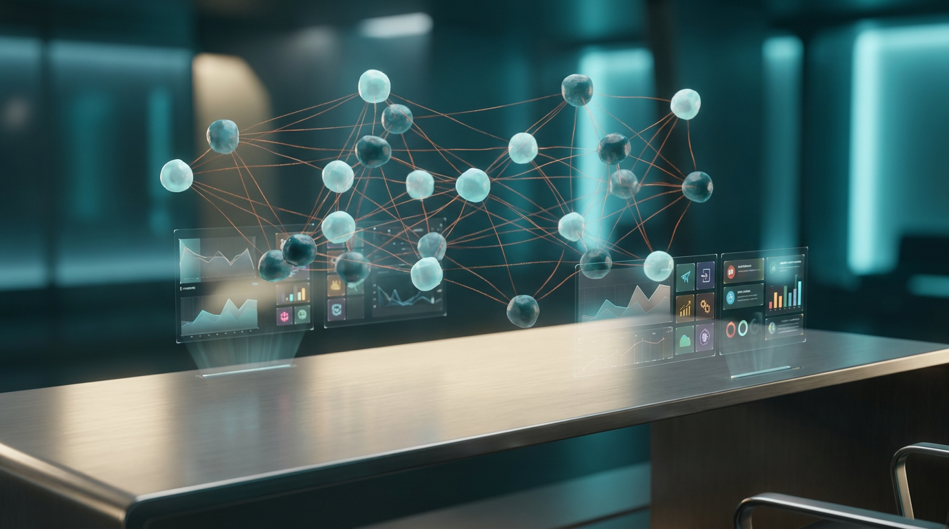 An ultra-modern minimalist executive workstation featuring a sleek, brushed metallic gray desk surface bathed in soft warm cream key lighting. Above the desk, an intricate network of floating, semi-transparent 3D neural nodes glows with soft cyan and deep teal volumetric illumination, interconnected by subtle burnt orange data pulses. Holographic projection displays emerge from the desk, depicting abstract geometric telemetry graphs and dynamic, glowing system tiles that subtly shift to suggest rapid video ad creation and performance optimization for platforms like Meta, TikTok, and YouTube. These projections cascade across the workspace, symbolizing unprecedented speed, scalability, and enhanced ROI in digital advertising. The background offers a blurred gradient depth of deep teal and soft cyan, creating a sophisticated, high-tech engineering environment. Shot on 85mm prime lens at f/1.8, shallow depth of field, creamy bokeh, cinematic volumetric studio lighting, crisp specular reflections, hyper-realistic 8K textures. 16:9 widescreen aspect ratio. No text, no logos.