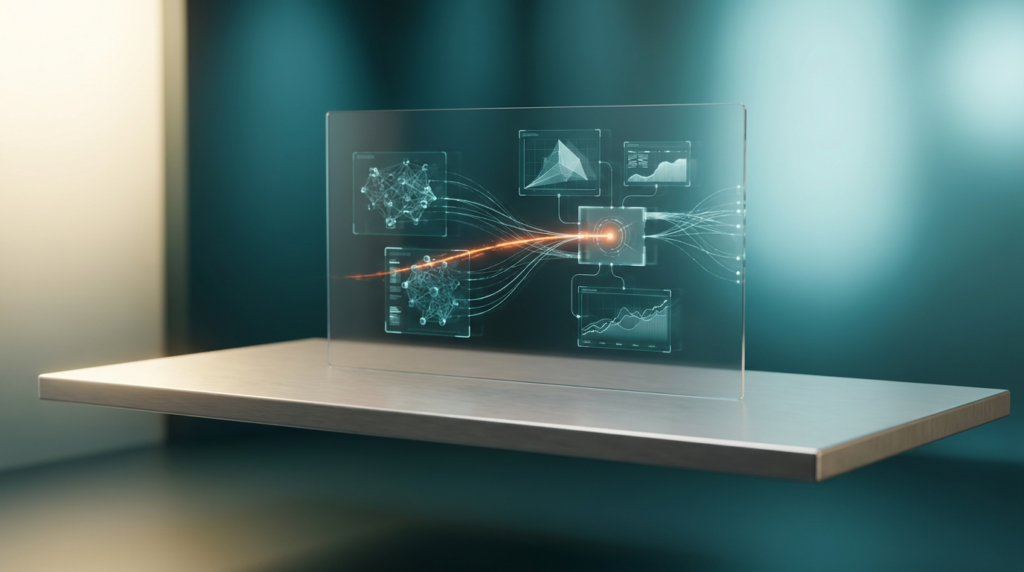 A hyper-realistic 8K photograph of an ultra-modern minimalist executive workstation, featuring sleek brushed metallic gray surfaces (`#E6E6E6`) softly illuminated by a warm cream key light (`#FFF4CE`). Floating semi-transparent 3D neural network nodes and glowing holographic system tiles, rendered in deep teal (`#116F76`) and soft cyan (`#C1E3E6`), depict complex data streams and geometric telemetry graphs, converging towards a central, crystal-clear interactive display. A subtle, energetic burnt orange light streak (`#E06719`) pulses through the holographic interface, symbolizing precise data answers and insights, while the background features a soft, volumetric gradient of deep teal and soft cyan, creating depth. Shot on 85mm prime lens at f/1.8, shallow depth of field, creamy bokeh, cinematic volumetric studio lighting, crisp specular reflections, 16:9 widescreen aspect ratio. No visible text, typography, letters, charts with writing, or fake brand logos.