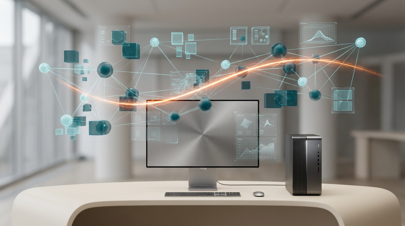 An ultra-modern minimalist executive workstation featuring a sleek Soft Warm Cream surface, devoid of any visible text or logos. Above the desk, an intricate network of floating, interconnected semi-transparent 3D neural nodes and abstract microservices architecture visualizations glow with Deep Teal and Soft Cyan ambient light. A dynamic, energetic Burnt Orange light streak, symbolizing accelerated deployment and data pulses, flows seamlessly between these nodes, highlighting connections. Integrated into the display are subtle holographic system tiles and geometric telemetry graphs, conveying scalability and enterprise product progress. The setup includes high-tech hardware with brushed metallic gray finishes, catching crisp specular reflections. Shot on 85mm prime lens at f/1.8, shallow depth of field, creamy bokeh, cinematic volumetric studio lighting, hyper-realistic 8K textures, 16:9 widescreen aspect ratio.