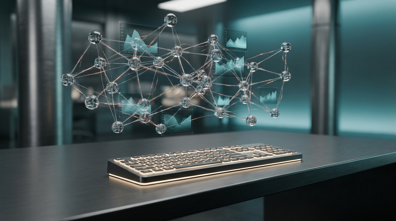 A photorealistic 16:9 widescreen aspect ratio image of an ultra-modern minimalist executive workstation. A sleek matte brushed metallic gray interface panel with soft warm cream key lighting rests on the desk. Floating above the workstation is a complex, ethereal network of semi-transparent 3D neural nodes, interconnected by glowing burnt orange data pulses, symbolizing an autonomous AI agent system. Interspersed within this network are glowing holographic system tiles displaying abstract, geometric telemetry graphs in deep teal and soft cyan, without any legible text or numbers. The background features a sophisticated, clean engineering environment with blurred architectural elements in brushed metallic gray, receding into a volumetric gradient of deep teal and soft cyan. Shot on 85mm prime lens at f/1.8, shallow depth of field, creamy bokeh, cinematic volumetric studio lighting, crisp specular reflections, hyper-realistic 8K textures. No text, no logos.