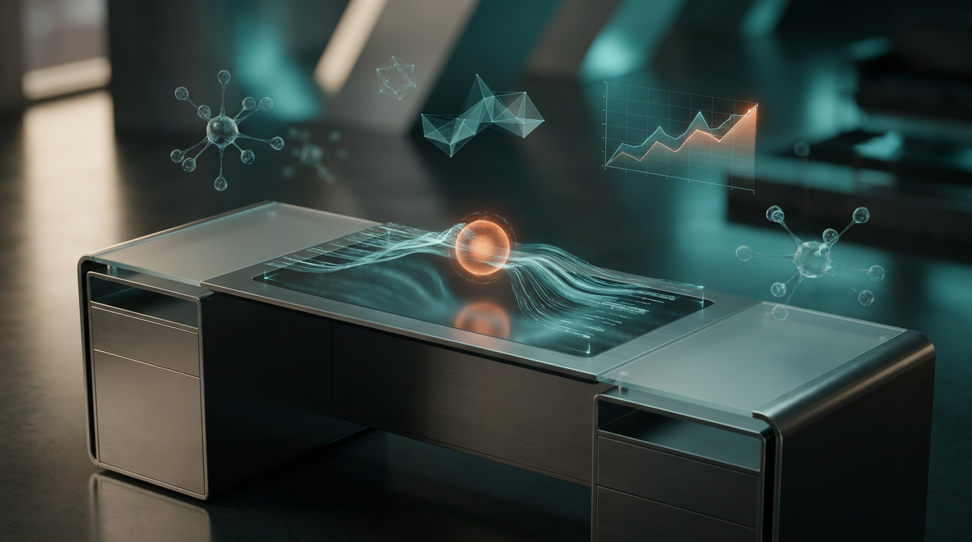 A photorealistic 16:9 widescreen aspect ratio image captures an ultra-modern minimalist executive workstation, crafted from brushed metallic gray materials with matte glass finishes. On the sleek surface, a glowing holographic system interface projects a dynamic, semi-transparent display. Abstract data streams, shimmering in deep teal and soft cyan, flow gracefully from the left of the frame, converging into a prominent, energetic burnt orange light pulse at the center of the interface, symbolizing conversion and a closed deal. Floating semi-transparent 3D neural nodes and intricate geometric telemetry graphs, colored in deep teal and soft cyan, are artfully arranged around the workstation and recede into the background, illustrating complex data optimization. One telemetry graph clearly depicts an upward-trending line, subtly highlighted by a burnt orange glow, representing maximized leads and ROI. The scene is illuminated by cinematic volumetric studio lighting, with a soft warm cream key light casting gentle highlights across the workstation surface. Ambient volumetric illumination in deep teal and soft cyan creates depth in the background and reflects softly on glass elements. Crisp specular reflections are visible on all metallic and glass surfaces. Shot on 85mm prime lens at f/1.8, exhibiting a shallow depth of field, creamy bokeh, and hyper-realistic 8K textures. There is absolutely no visible text, typography, letters, charts with writing, or fake brand logos.
