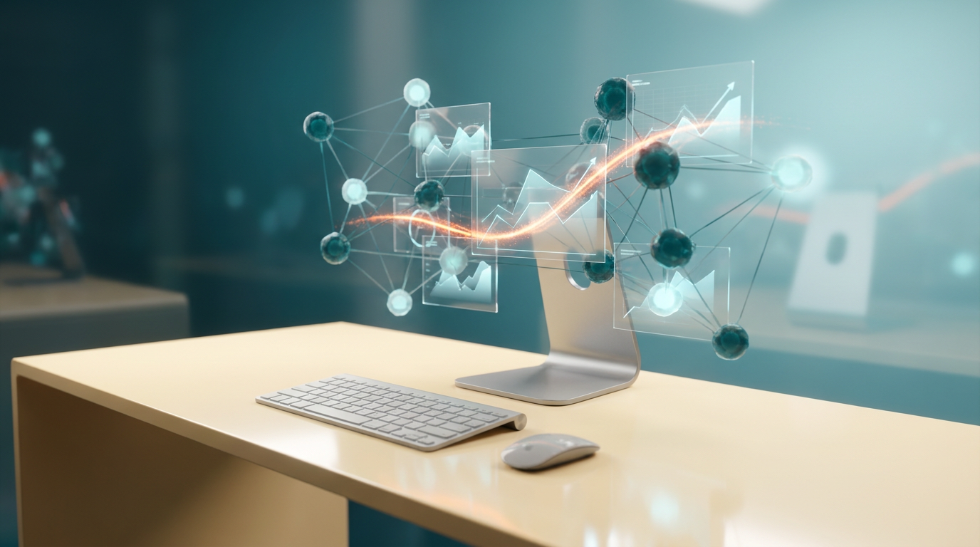 A highly stylized ultra-modern minimalist executive workstation, pristine and uncluttered, featuring a large, sleek desk surface in soft warm cream #FFF4CE. Above the desk, a dynamic arrangement of floating, semi-transparent 3D neural nodes glows with deep teal #116F76 and soft cyan #C1E3E6 ambient volumetric illumination. Interconnected holographic system tiles display abstract geometric telemetry graphs, illustrating upward trends and data flow, accentuated by crisp specular reflections. A subtle energetic light streak, vibrant burnt orange #E06719, pulses through the neural network, symbolizing accelerated data and pipeline generation. High-tech hardware elements on the desk are rendered in brushed metallic gray #E6E6E6, with matte glass finishes. The background features a soft gradient depth transitioning from deep teal to soft cyan, with cinematic volumetric studio lighting creating a focused, dramatic atmosphere. Shot on an 85mm prime lens at f/1.8, with shallow depth of field and creamy bokeh, showcasing hyper-realistic 8K textures. No visible text, typography, letters, charts with writing, or brand logos. 16:9 widescreen aspect ratio.