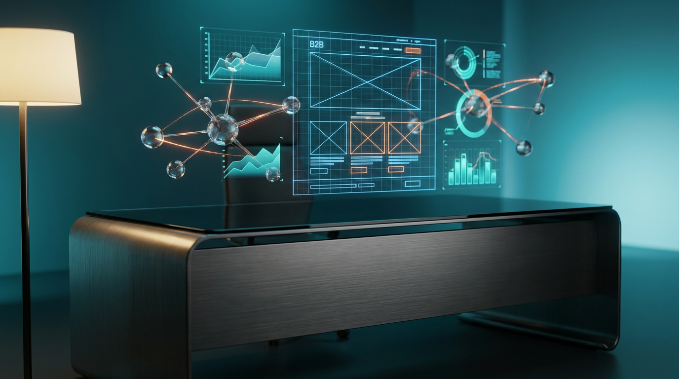 An ultra-modern minimalist executive workstation, featuring sophisticated holographic projections of a highly detailed B2B landing page wireframe interspersed with glowing geometric telemetry graphs depicting optimized conversion rate analytics. Floating semi-transparent 3D neural nodes, interconnected with subtle burnt orange data pulses, represent strategic decision-making and optimal flow. The sleek workspace surface is softly illuminated by a warm cream key light, casting crisp specular reflections on brushed metallic gray hardware components. Ambient volumetric illumination in deep teal and soft cyan creates a profound background gradient depth, reflecting within glossy surfaces and glass nodes. Shot on 85mm prime lens at f/1.8, shallow depth of field, creamy bokeh, cinematic volumetric studio lighting, crisp specular reflections, hyper-realistic 8K textures. No text, no logos, no typography, no brand names, no charts with writing. --ar 16:9