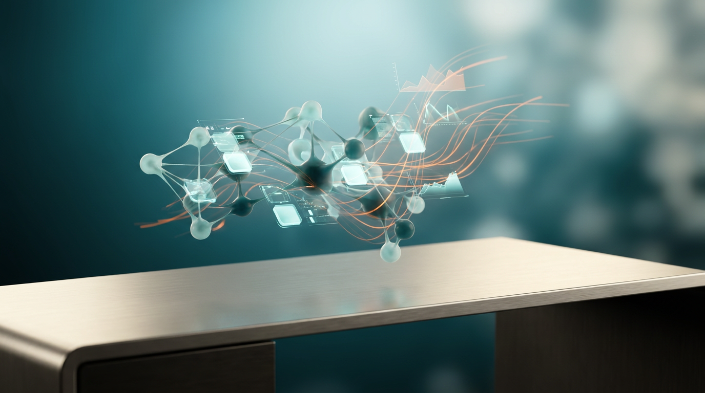 16:9 widescreen aspect ratio. A sophisticated, ultra-modern minimalist executive workstation with a brushed metallic gray desk surface (`#E6E6E6`). Above the desk, dynamically floating and interconnected semi-transparent 3D neural nodes and glowing holographic system tiles, rendered in soft cyan (`#C1E3E6`) and deep teal (`#116F76`), form a complex, organic "hub and spoke" cluster. Energetic geometric telemetry graphs rise from the holograms, accented by subtle, flowing burnt orange light streaks (`#E06719`), symbolizing data flow and exponential growth. Soft warm cream key lighting (`#FFF4CE`) gently illuminates the workstation surfaces. The background features a volumetric gradient fading from deep teal to soft cyan, creating profound depth. Shot on 85mm prime lens at f/1.8, shallow depth of field, creamy bokeh, cinematic volumetric studio lighting, crisp specular reflections, hyper-realistic 8K textures. Absolutely no visible text, typography, letters, charts with writing, or fake brand logos.