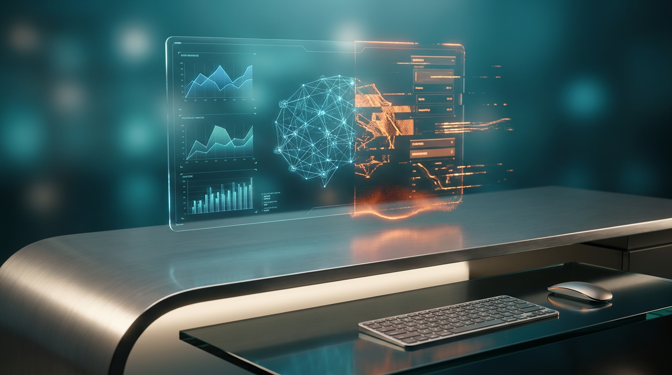 An ultra-modern minimalist executive workstation featuring a central floating semi-transparent holographic display. The display presents intricate, synchronized geometric telemetry graphs and a cohesive neural node network on one side, while a parallel section of the same holographic projection subtly glitches, displaying fragmented, desynchronized visual patterns and misaligned UI components, creating a visual discord representing brand dilution. Deep Teal and Soft Cyan provide the dominant ambient volumetric illumination, glass node reflections, and background gradient depth. A subtle Burnt Orange energetic pulse glows around the fragmented sections, hinting at hidden costs. Soft Warm Cream key lighting illuminates the polished surfaces of the desk. Brushed Metallic Gray defines the sleek high-tech hardware and architectural elements. Shot on 85mm prime lens at f/1.8, shallow depth of field, creamy bokeh, cinematic volumetric studio lighting, crisp specular reflections, hyper-realistic 8K textures, 16:9 widescreen aspect ratio, no visible text, no logos.