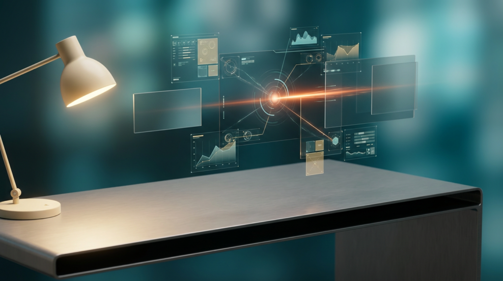 An ultra-modern minimalist executive workstation with a sleek, brushed metallic gray desk and soft warm cream key lighting illuminating the surface. Above the desk, an intricate network of glowing holographic system tiles floats in the air, displaying abstract, geometric telemetry graphs and interconnected semi-transparent 3D neural nodes. Subtle deep teal and soft cyan volumetric ambient illumination emanates from the holographic elements, reflecting on the matte glass surfaces. A singular, energetic burnt orange light streak, representing an optimized data pulse, emanates from a central glowing focal point within the holographic display, signifying profound insight and optimized ROI. The background features a gentle gradient depth in deep teal and soft cyan, blurring into creamy bokeh. Shot on 85mm prime lens at f/1.8, shallow depth of field, cinematic volumetric studio lighting, crisp specular reflections, hyper-realistic 8K textures, 16:9 widescreen aspect ratio, no visible text or logos.