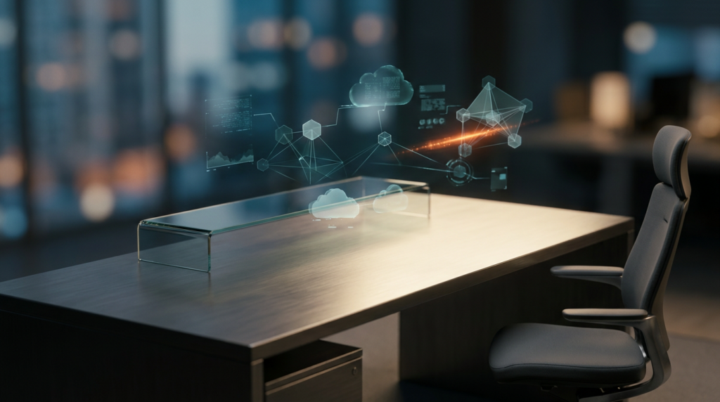 Photorealistic 16:9 widescreen aspect ratio image of a sleek, ultra-modern minimalist executive workstation. A soft warm cream key light bathes the pristine, brushed metallic gray desk surface. Above the desk, intricate, semi-transparent 3D neural network nodes and glowing holographic system tiles float in the air, forming complex geometric telemetry graphs that represent various interconnected data streams. These digital projections are bathed in ambient deep teal and soft cyan volumetric illumination, with crisp specular reflections on their surfaces. A subtle, energetic burnt orange light streak pulses through one distinct cluster of holographic nodes, indicating a focal point or a selected optimal path, contrasting with other complex but unhighlighted data streams, symbolizing the process of evaluating and choosing. The scene is shot on an 85mm prime lens at f/1.8, achieving a shallow depth of field with creamy bokeh in the background, enhancing the cinematic volumetric studio lighting. Hyper-realistic 8K textures are visible on all surfaces, with absolutely no visible text, typography, letters, charts with writing, or fake brand logos.