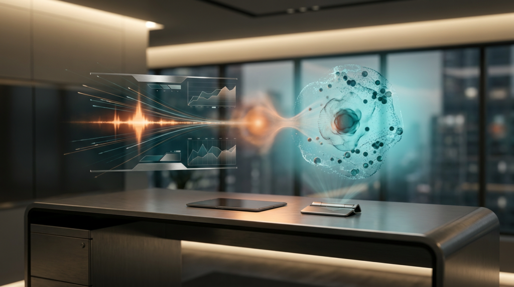 A highly detailed 16:9 widescreen photorealistic image capturing an ultra-modern minimalist executive workstation made of sleek brushed metallic gray, bathed in soft warm cream key lighting. Above the desk, two distinct yet integrated holographic data visualizations represent "Outbound" and "Inbound" demand generation strategies. On the left, a dynamic, focused data stream with a subtle burnt orange energetic pulse shoots forward from a point of origin, representing proactive outreach, flanked by sharp geometric telemetry graphs rendered in brushed metallic gray and deep teal. On the right, a swirling, magnetic cluster of glowing deep teal and soft cyan semi-transparent 3D neural nodes gently pulls in smaller data particles, symbolizing attraction and organic discovery, with a soft cyan volumetric background gradient. The two visualizations subtly merge at the center, signifying a blended strategy, with a focal point glow of burnt orange. Cinematic volumetric studio lighting casts ethereal light rays, creating crisp specular reflections on the metallic surfaces and the floating holographic elements. Shot on 85mm prime lens at f/1.8, shallow depth of field, creamy bokeh, hyper-realistic 8K textures. ZERO TEXT, NO LOGOS.