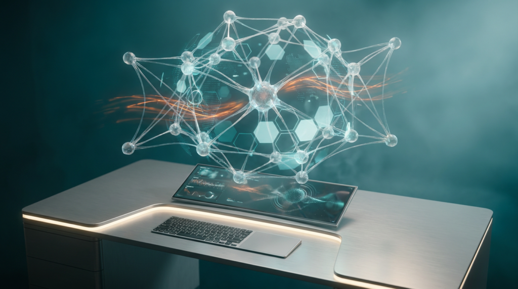 An ultra-modern minimalist executive workstation, pristine and uncluttered. Dominant floating semi-transparent 3D neural network structure at its core, radiating dynamic geometric telemetry graphs and glowing holographic system tiles. These elements continuously cycle and optimize, illustrating a rapid creative testing loop and real-time performance optimization. Sleek brushed metallic gray (#E6E6E6) desk surface, minimalist high-tech hardware integrated seamlessly. Volumetric ambient illumination bathing the scene in a gradient of deep teal (#116F76) and soft cyan (#C1E3E6), providing depth and futuristic serenity. Subtle energetic light streaks of burnt orange (#E06719) pulse through the neural nodes and along data pathways, signifying data flow and positive impact. Soft warm cream (#FFF4CE) key lighting gently illuminates the workstation surfaces. Shot on 85mm prime lens at f/1.8, shallow depth of field, creamy bokeh, cinematic volumetric studio lighting, crisp specular reflections, hyper-realistic 8K textures. No visible text, no typography, no letters, no charts with writing, no fake brand logos. 16:9 widescreen aspect ratio.