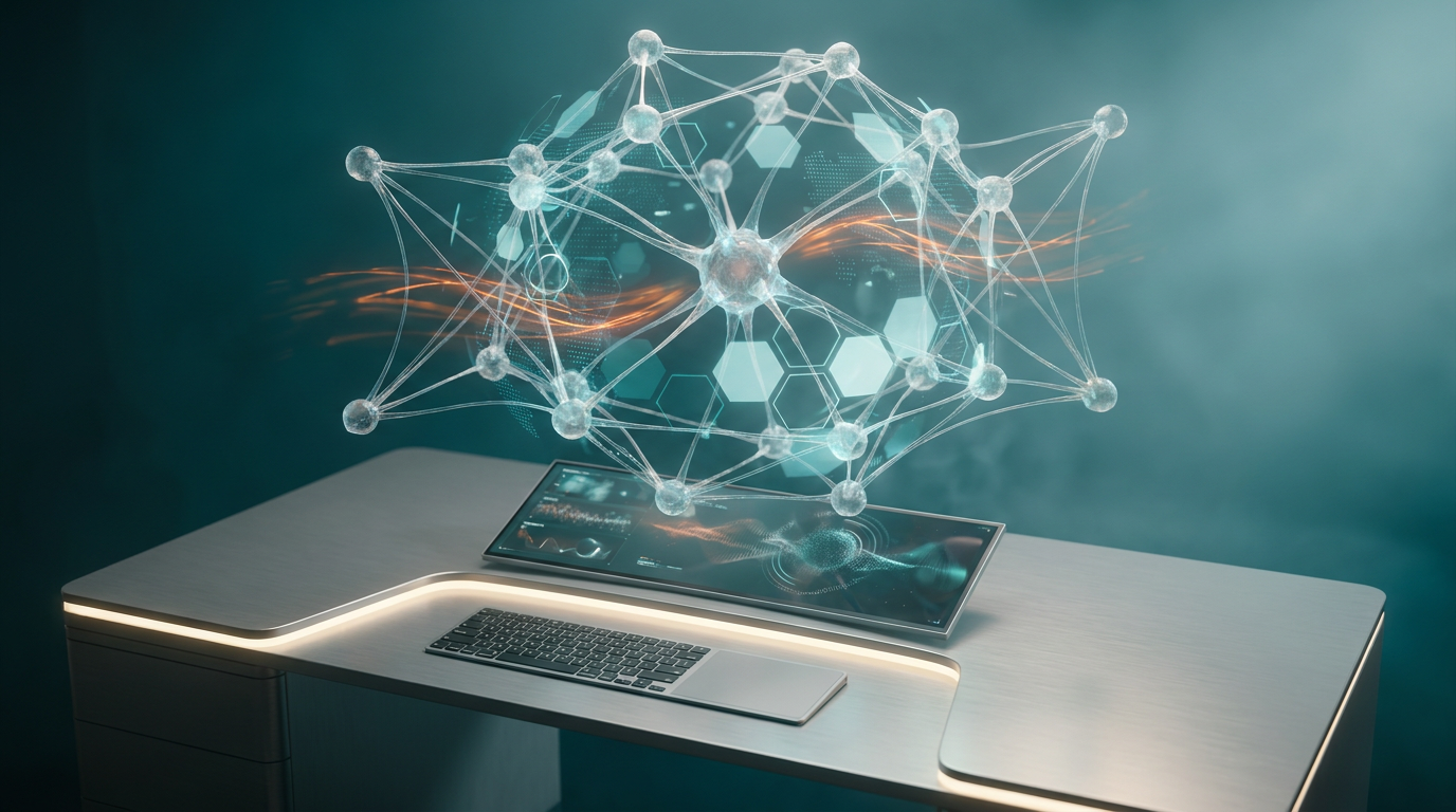 An ultra-modern minimalist executive workstation, pristine and uncluttered. Dominant floating semi-transparent 3D neural network structure at its core, radiating dynamic geometric telemetry graphs and glowing holographic system tiles. These elements continuously cycle and optimize, illustrating a rapid creative testing loop and real-time performance optimization. Sleek brushed metallic gray (#E6E6E6) desk surface, minimalist high-tech hardware integrated seamlessly. Volumetric ambient illumination bathing the scene in a gradient of deep teal (#116F76) and soft cyan (#C1E3E6), providing depth and futuristic serenity. Subtle energetic light streaks of burnt orange (#E06719) pulse through the neural nodes and along data pathways, signifying data flow and positive impact. Soft warm cream (#FFF4CE) key lighting gently illuminates the workstation surfaces. Shot on 85mm prime lens at f/1.8, shallow depth of field, creamy bokeh, cinematic volumetric studio lighting, crisp specular reflections, hyper-realistic 8K textures. No visible text, no typography, no letters, no charts with writing, no fake brand logos. 16:9 widescreen aspect ratio.