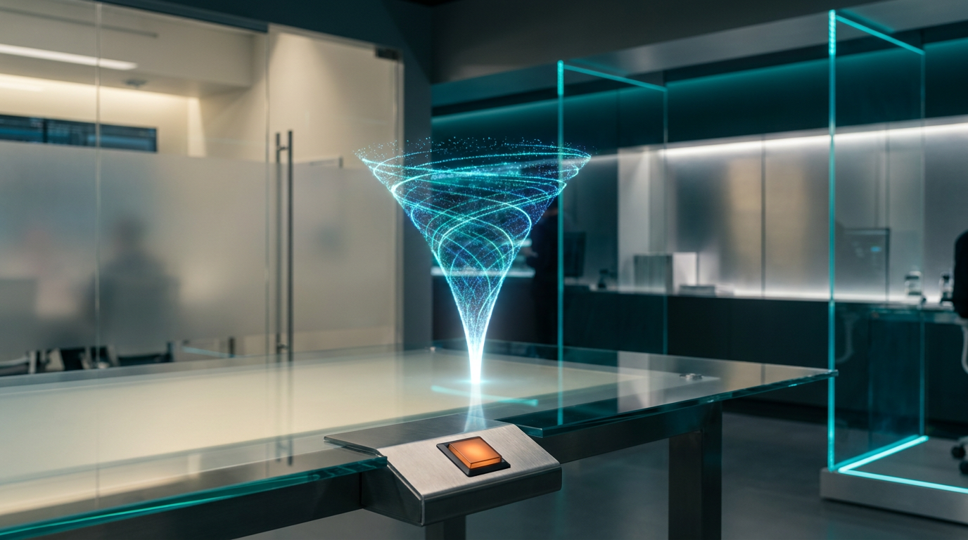 Award-winning cinematic studio photography of a high-tech, minimalist engineering command center focused on digital conversion architecture, a sleek transparent glass tabletop featuring an abstract glowing holographic data funnel that transitions from fragmented particles into a singular focused beam of light, ultra-modern interior design with frosted glass partitions and brushed metallic surfaces, dramatic lighting with soft deep teal ambient rim light and crisp cyan highlights on the glass edges, a singular sharp burst of warm burnt orange light illuminating a tactile interface element to symbolize high-margin conversion precision, shot on 85mm prime lens with f/1.8 aperture for a shallow depth of field, 8k resolution, photorealistic, professional color grading with sophisticated cream key lighting, ultra-clean environment, no text, no logos, wide 16:9 aspect ratio, sophisticated tech-focused atmosphere.
