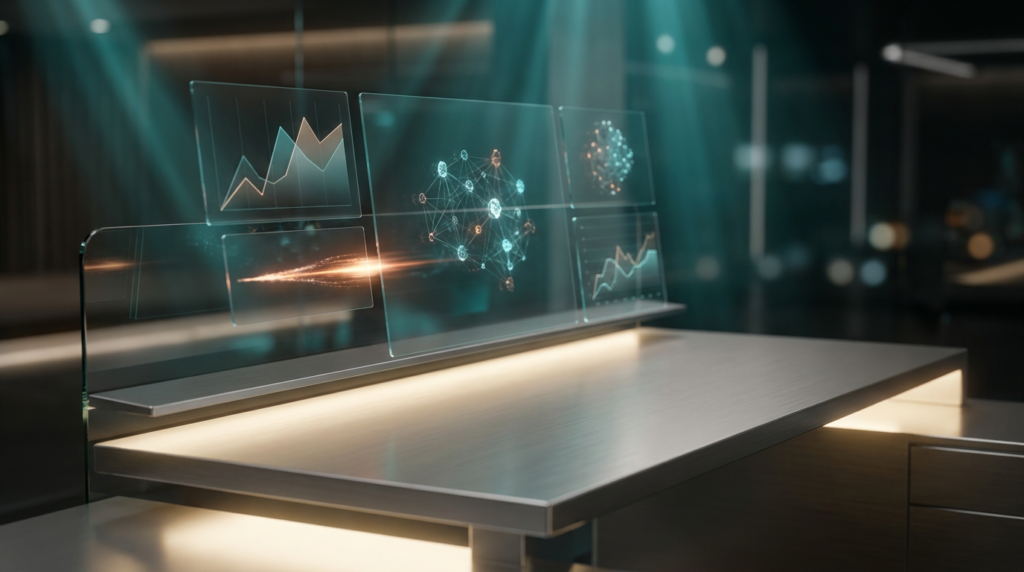16:9 widescreen aspect ratio, ultra-modern minimalist executive workstation featuring a sleek brushed metallic gray desk surface, softly illuminated by warm cream key lighting. Dominating the scene are floating, semi-transparent 3D holographic system tiles displaying abstract, geometric telemetry graphs and dynamic, interconnected neural network nodes, without any visible text or numbers. Subtle volumetric illumination in deep teal and soft cyan washes the background, creating depth and reflecting on glass-node elements. A focused, energetic pulse of burnt orange light subtly streaks across one of the holographic displays, indicating an active optimization process or data flow. Crisp specular reflections catch on polished surfaces, highlighting the hyper-realistic 8K textures of the high-tech hardware. Shallow depth of field with creamy bokeh blurs the refined background elements. Cinematic volumetric studio lighting accentuates the scene's modern, sophisticated ambiance. Shot on 85mm prime lens at f/1.8. ZERO TEXT, NO LOGOS.
