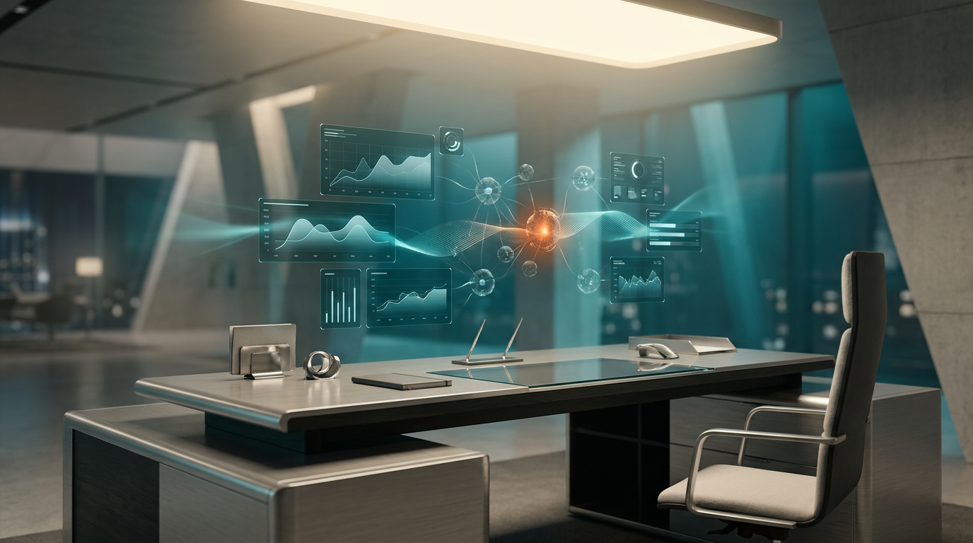 16:9 widescreen aspect ratio, ultra-modern minimalist executive workstation bathed in soft warm cream key lighting (`#FFF4CE`). The workspace features sleek brushed metallic gray hardware and architectural elements (`#E6E6E6`). Above the desk, floating semi-transparent 3D neural nodes and glowing holographic system tiles in deep teal and soft cyan (`#116F76`, `#C1E3E6`) form a seamlessly integrated, bespoke data portal. Geometric telemetry graphs and streamlined data visualizations flow across the holographic interfaces, subtly highlighted by a focused burnt orange energetic data pulse at a central node (`#E06719`), symbolizing efficiency and scalability. Volumetric illumination in deep teal and soft cyan casts a gradient depth in the background, with crisp specular reflections on polished surfaces. Shot on 85mm prime lens at f/1.8, shallow depth of field, creamy bokeh, cinematic volumetric studio lighting, hyper-realistic 8K textures, ZERO TEXT, NO LOGOS.