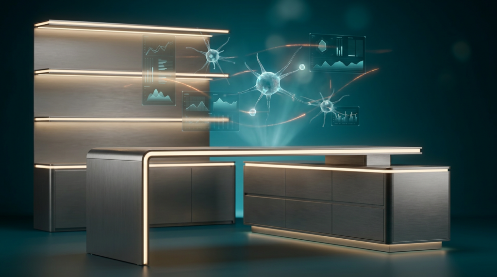 An ultra-modern minimalist executive workstation, featuring sleek brushed metallic gray surfaces and soft warm cream key lighting, forms the central focus. Above the workstation, intricate, semi-transparent 3D neural nodes float, interconnected by glowing holographic system tiles displaying abstract geometric telemetry graphs. These elements shimmer with deep teal and soft cyan volumetric illumination, creating depth in the background gradient. Subtle, energetic burnt orange light streaks and automated data pulses subtly trace paths across the nodes and graphs, representing dynamic data flow and growth. Shot on an 85mm prime lens at f/1.8, creating a shallow depth of field and creamy bokeh. Cinematic volumetric studio lighting casts crisp specular reflections across all surfaces. Hyper-realistic 8K textures enhance every detail. 16:9 widescreen aspect ratio. No visible text or brand logos.