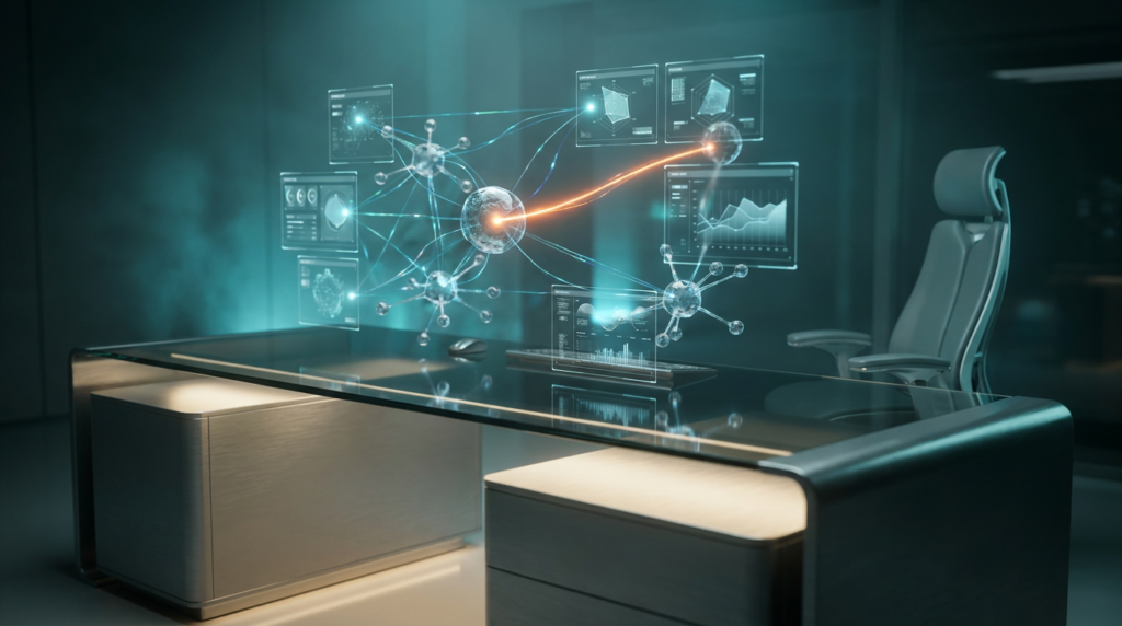 An ultra-modern minimalist executive workstation, devoid of any visible text or branding, showcases a complex web of floating semi-transparent 3D neural nodes, glowing holographic system tiles, and subtle geometric telemetry graphs that visually represent data flows and architectural planning. Ambient volumetric illumination permeates the scene with deep teal and soft cyan hues, casting ethereal reflections on polished surfaces. A subtle, energetic burnt orange light streak, symbolizing a data pulse or growth, emanates from a central node, drawing the eye. Soft warm cream key lighting gently washes over the sleek, brushed metallic gray desk surfaces and high-tech hardware elements. The composition features crisp specular reflections across glass nodes and metallic finishes, all rendered with hyper-realistic 8K textures. Shot on an 85mm prime lens at f/1.8, the image boasts a shallow depth of field and creamy bokeh, contributing to a cinematic aesthetic. --ar 16:9