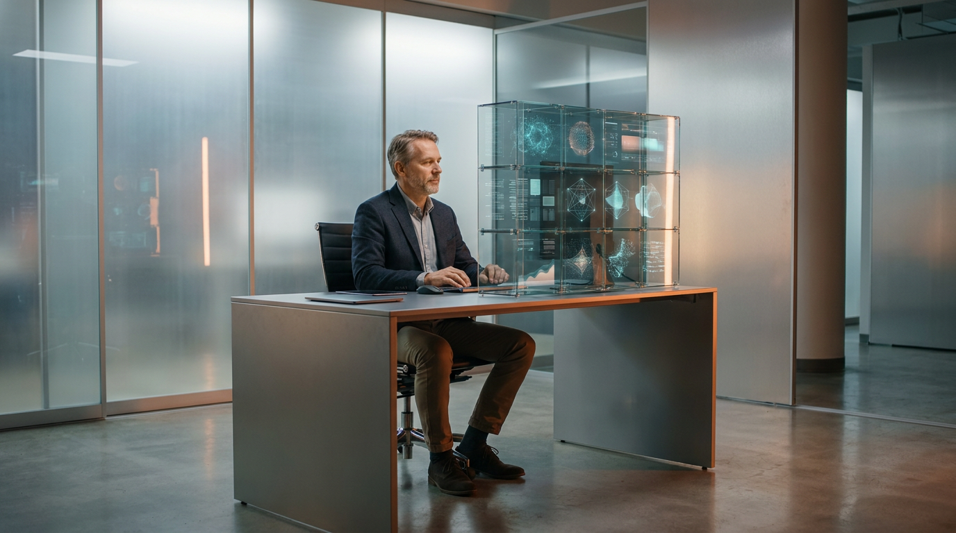 Award-winning commercial studio photography of an ultra-modern high-tech software development agency, composed in a 16:9 widescreen format. A confident, polished senior software architect sits at a minimalist matte metallic gray executive workstation, thoughtfully analyzing a sleek, borderless modular glass setup with smooth, illuminated computational geometry. The ambient environment features expansive floor-to-ceiling frosted glass panels, brushed aluminum architectural elements, and clean minimalist studio decor. Sophisticated ambient lighting fills the scene with deep teal and soft cyan tones reflecting off polished glass and architectural surfaces, complemented by an intentional pop of warm burnt orange rim lighting and a gentle warm cream key light across the subject's workspace. Shot on an 85mm prime lens at f/1.8 aperture, shallow depth of field, crisp specular highlights, hyper-realistic textures, 8K resolution, completely devoid of any text, typography, letters, symbols, or logos, capturing high-performance digital modernization.