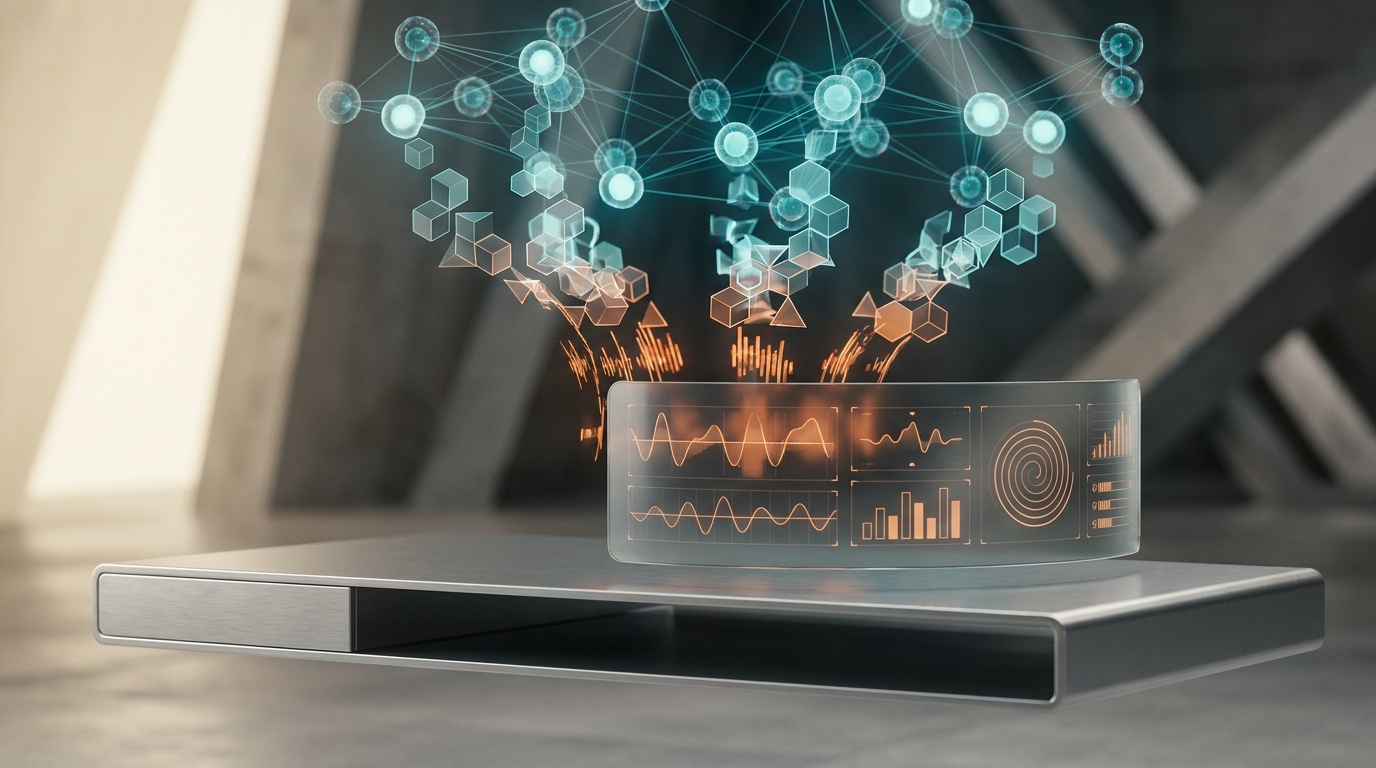 An ultra-modern minimalist executive workstation, featuring pristine brushed metallic gray surfaces and architectural elements, bathed in soft warm cream key lighting. Hovering above the desk, an intricate network of semi-transparent 3D neural nodes glows with ambient deep teal and soft cyan volumetric illumination. From these nodes, elegant holographic system tiles, composed of geometric shapes (no visible text), cascade and transform into dynamic burnt orange data pulses that seamlessly connect to structured geometric telemetry graphs, displayed on a sleek, matte glass interface. Crisp specular reflections catch the light, adding depth to the hyper-realistic 8K textures. Shot on 85mm prime lens at f/1.8, shallow depth of field, creamy bokeh, cinematic volumetric studio lighting, 16:9 widescreen aspect ratio.