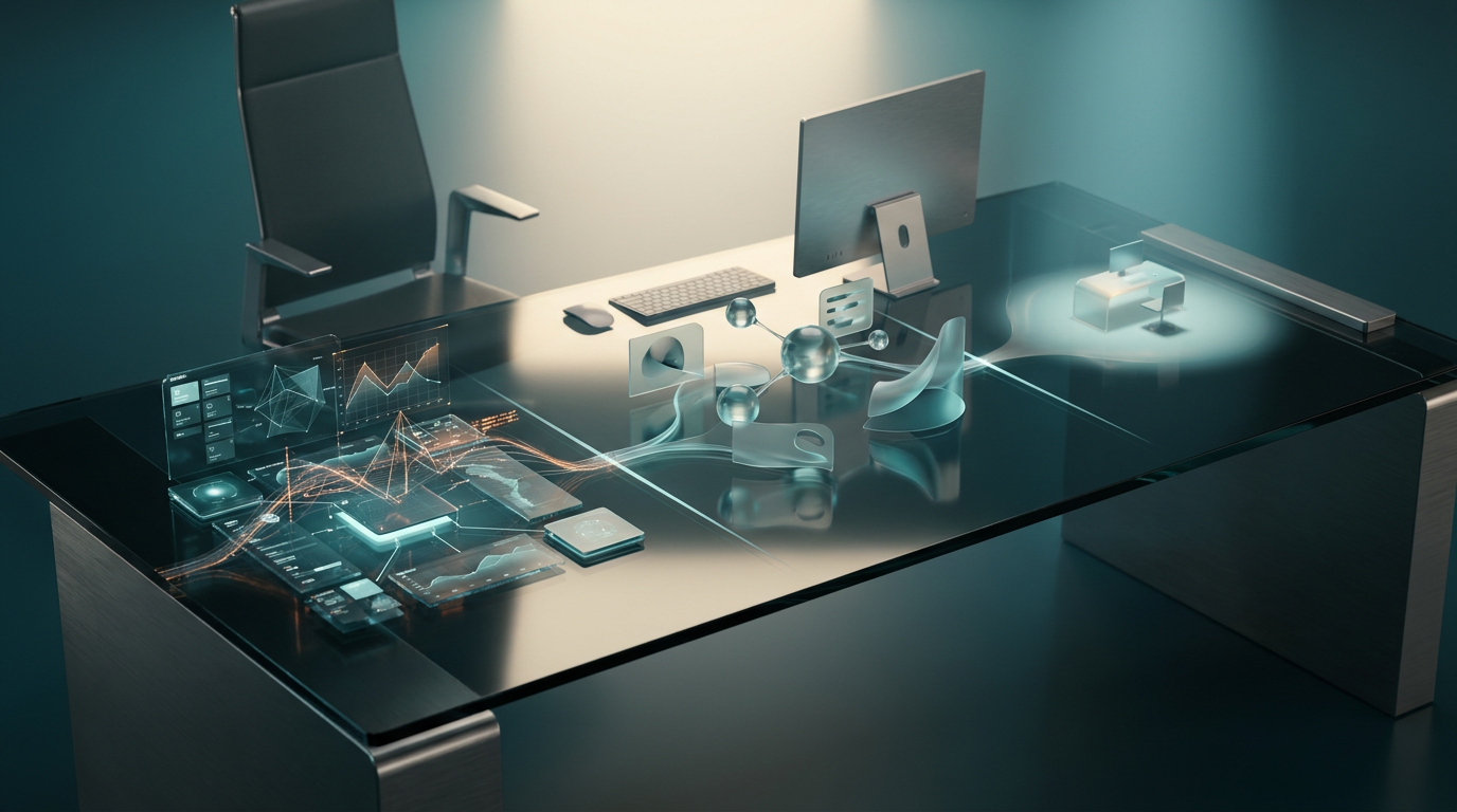 Photorealistic, ultra-modern minimalist executive workspace, centered around a sleek, reflective surface that acts as a visual decision-making hub. From this central point, three distinct, abstract pathways or digital zones emerge, each representing a different approach to building a business website. The "Digital Agency" zone is an integrated network of glowing deep teal and soft cyan holographic system tiles and complex, interconnected geometric telemetry graphs, with a subtle burnt orange energetic data pulse streaming through it, signifying comprehensive, end-to-end solutions and strategic growth. The "Design Studio" zone showcases elegant, flowing semi-transparent 3D neural nodes and artistic, sleek holographic interface elements, emphasizing sophisticated design, brand identity, and user experience, bathed in soft cyan and deep teal reflections. The "Freelancer" zone is depicted as a highly focused, singular illuminated projection or isolated workstation area, glowing softly, highlighting specialized, individual contribution. The entire scene is bathed in soft warm cream key lighting across minimalist workspace surfaces. High-tech hardware and architectural elements are in brushed metallic gray. Ambient volumetric illumination, glass node reflections, and a gradual background gradient depth are infused with deep teal and soft cyan. Shot on 85mm prime lens at f/1.8, shallow depth of field, creamy bokeh, cinematic volumetric studio lighting, crisp specular reflections, hyper-realistic 8K textures. ZERO TEXT, NO LOGOS. --ar 16:9
