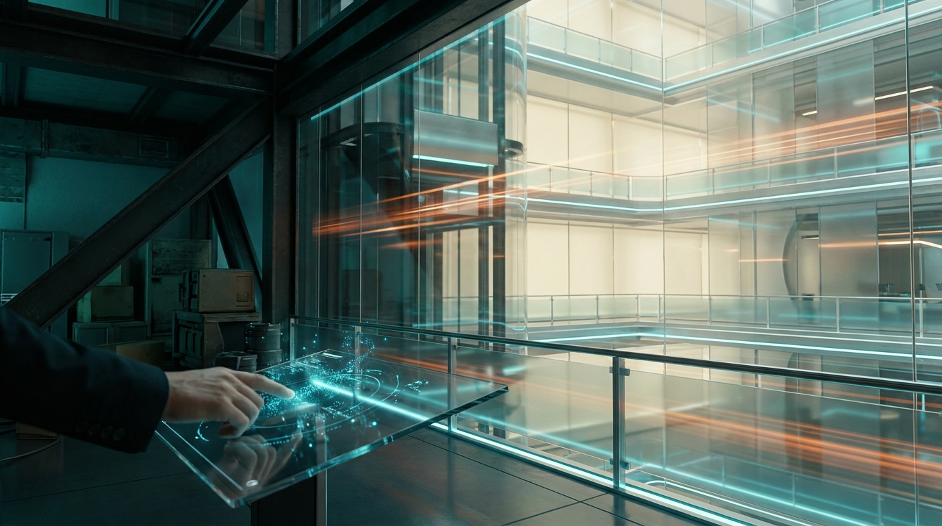 A wide-angle, hyper-realistic cinematic shot of a sleek, modern enterprise workspace transitioning from a cluttered, dark architectural corner into a luminous, high-tech glass atrium, symbolizing digital transformation. In the foreground, a professional’s hand interacts with a polished, minimalist glass interface that glows with ethereal cyan data streams, while the background shifts from dull, chaotic metallic structures into clean, organized, architectural layers of light. The scene is illuminated by professional studio lighting: deep teal ambient shadows, soft cream key light on surfaces, and sharp, warm burnt-orange light streaks reflecting off glass panels to signify high-velocity momentum. The composition utilizes an 85mm prime lens with shallow depth of field, focusing on the precision of the interface interaction while blurring the transition between legacy stagnation and future-ready scalability. The environment is devoid of any text or branding, featuring high-end materials like frosted glass, brushed neutral gray aluminum, and ambient bioluminescent accents, 8K resolution, photorealistic, commercial studio aesthetic, 16:9 aspect ratio.
