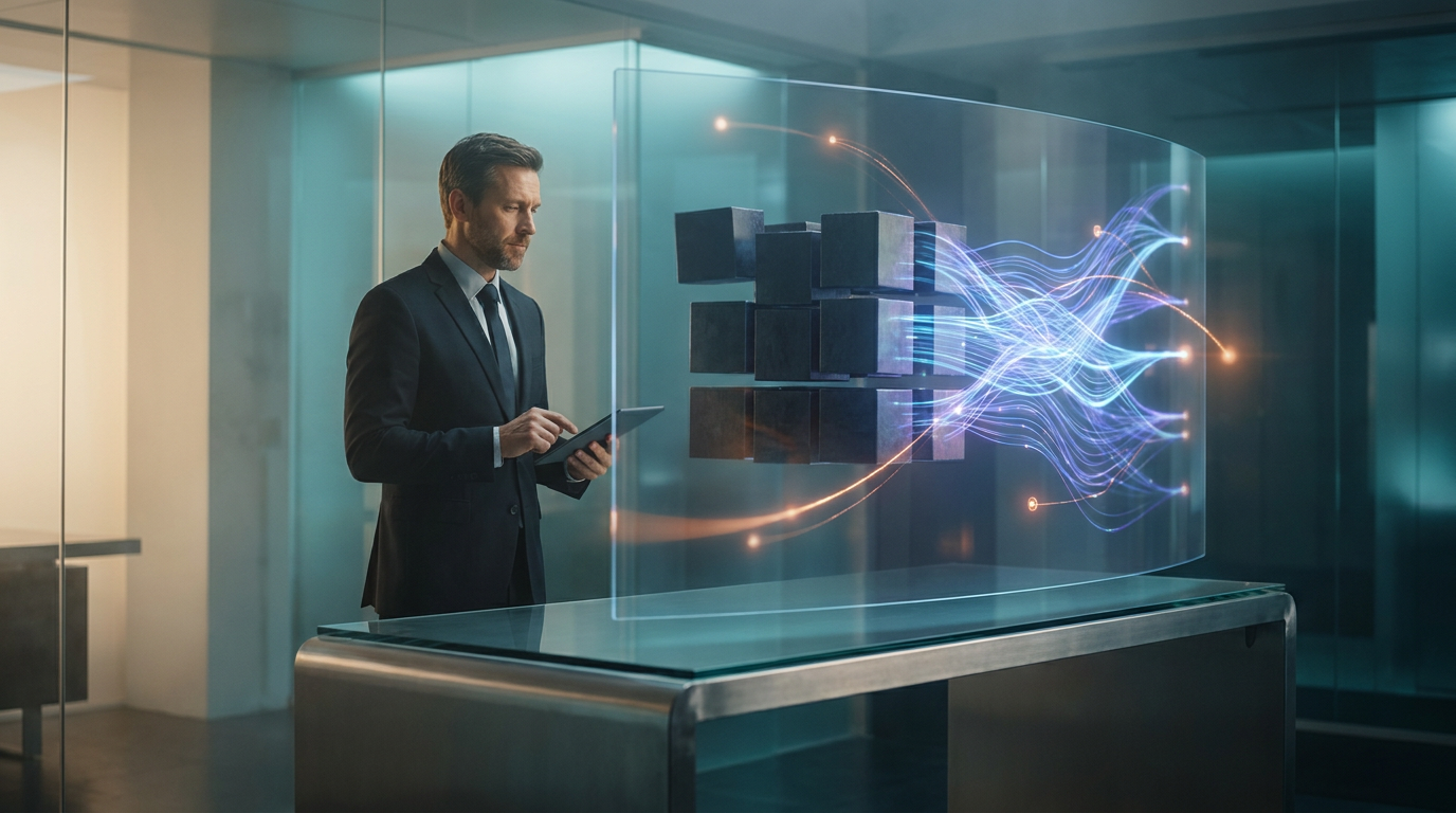 A cinematic, photorealistic 16:9 widescreen commercial studio photograph depicting modern enterprise digital transformation in an ultra-minimalist executive tech lab. A focused enterprise architect stands near a polished metallic gray and transparent glass workstation, analyzing an intricate visual installation that seamlessly transforms from heavy, compartmentalized monolithic blocks into weightless, luminous fluid streams of interconnected cloud architecture. Soft warm cream key lighting naturally defines the subject, while sophisticated ambient rim lighting in deep teal and soft cyan reflects across polished glass partitions and smooth architectural surfaces. Subtle, high-energy pops of burnt orange accent lighting highlight dynamic data nodes and fluid convergence points. Shot on an 85mm prime lens at f/1.8, shallow depth of field, natural volumetric lighting, crisp specular reflections, pristine 8k resolution, high-end commercial tech aesthetic, absolutely no text, no typography, no brand logos.