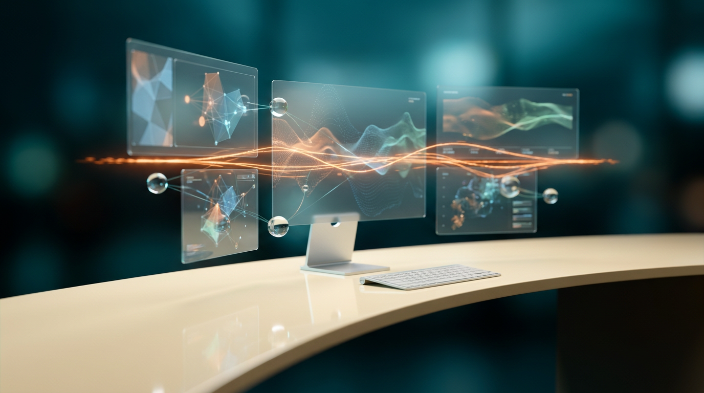 An ultra-modern minimalist executive workstation featuring a sleek Soft Warm Cream (#FFF4CE) desk surface. Above the desk, several floating, semi-transparent holographic interface panels display dynamic geometric telemetry graphs and intricate neural network nodes, subtly shifting and adapting to visualize real-time data personalization and B2B growth funnels. A subtle energetic light streak, glowing in Burnt Orange (#E06719), emanates from a data pulse, traversing across the holographic elements, symbolizing optimized conversion paths and ROI. High-tech hardware elements like a monitor stand or keyboard are rendered in Brushed Metallic Gray (#E6E6E6). The scene is bathed in ambient volumetric illumination of Deep Teal (#116F76) and Soft Cyan (#C1E3E6), with exquisite glass node reflections in matching hues, creating profound background gradient depth. Absolutely no visible text, typography, letters, charts with writing, or logos. Shot on 85mm prime lens at f/1.8, shallow depth of field, creamy bokeh, cinematic volumetric studio lighting, crisp specular reflections, hyper-realistic 8K textures, 16:9 widescreen aspect ratio.