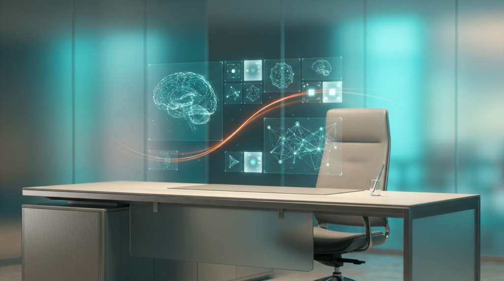 An ultra-modern minimalist executive workstation, constructed with brushed metallic gray architectural elements and matte glass finishes, features a dynamic floating holographic projection of interconnected semi-transparent 3D neural nodes, glowing holographic system tiles, and intricate geometric telemetry graphs. Ambient volumetric illumination in deep teal and soft cyan bathes the scene, reflecting subtly in the glass nodes and creating gradient depth in the background. Soft warm cream key lighting gracefully sweeps across the pristine workstation surfaces. A subtle, energetic burnt orange light streak provides a focal point glow within the holographic interface, entirely devoid of any visible text, numbers, or logos. Shot on 85mm prime lens at f/1.8, shallow depth of field, creamy bokeh, cinematic volumetric studio lighting, crisp specular reflections, hyper-realistic 8K textures, 16:9 widescreen aspect ratio.