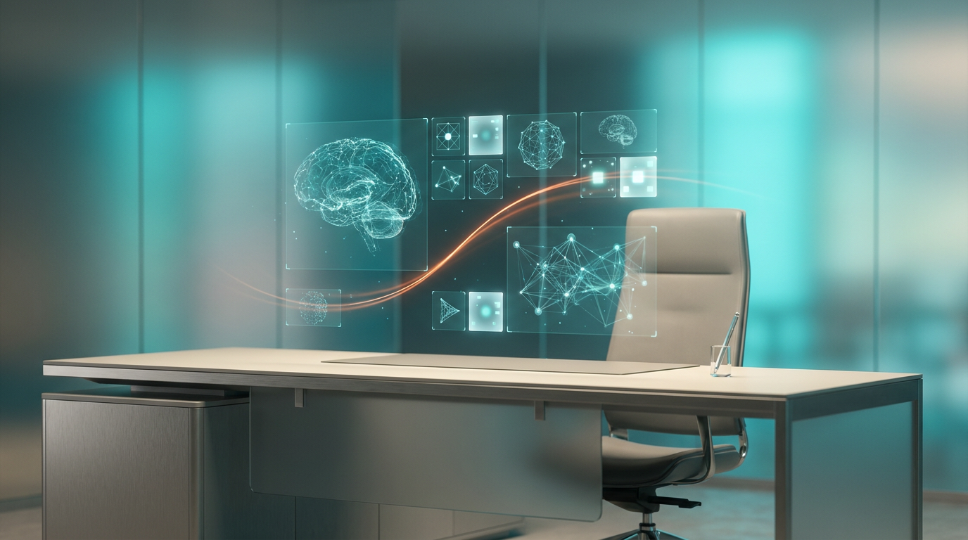 An ultra-modern minimalist executive workstation, constructed with brushed metallic gray architectural elements and matte glass finishes, features a dynamic floating holographic projection of interconnected semi-transparent 3D neural nodes, glowing holographic system tiles, and intricate geometric telemetry graphs. Ambient volumetric illumination in deep teal and soft cyan bathes the scene, reflecting subtly in the glass nodes and creating gradient depth in the background. Soft warm cream key lighting gracefully sweeps across the pristine workstation surfaces. A subtle, energetic burnt orange light streak provides a focal point glow within the holographic interface, entirely devoid of any visible text, numbers, or logos. Shot on 85mm prime lens at f/1.8, shallow depth of field, creamy bokeh, cinematic volumetric studio lighting, crisp specular reflections, hyper-realistic 8K textures, 16:9 widescreen aspect ratio.