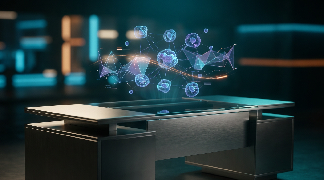 An ultra-modern minimalist executive workstation. A holographic projection of a dynamic, interconnected brand identity design system hovers above, featuring floating semi-transparent 3D neural nodes and glowing geometric telemetry graphs. A subtle, energetic burnt orange light streak pulses across abstract data pathways, symbolizing speed and conversion. Ambient volumetric illumination in deep teal and soft cyan bathes the background and reflects within glass elements. Soft warm cream key lighting gently illuminates the sleek, brushed metallic gray surfaces of the workstation. Shot on 85mm prime lens at f/1.8, shallow depth of field, creamy bokeh, cinematic volumetric studio lighting, crisp specular reflections, hyper-realistic 8K textures. Absolutely no visible text, typography, letters, charts with writing, or fake brand logos. 16:9 widescreen aspect ratio.