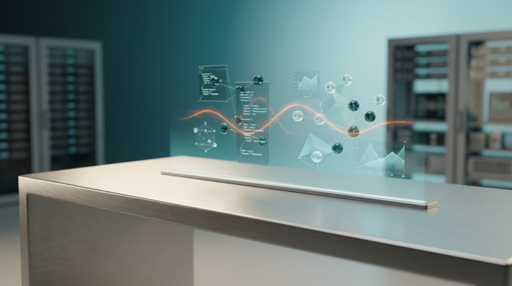 Ultra-modern minimalist executive workstation in a sophisticated AI engineering environment, viewed from a low angle. A sleek, brushed metallic gray desk surface (`#E6E6E6`) holds a holographic projection emanating from a subtle integrated light bar, displaying dynamic, intricate JSON-LD schema structures as floating, semi-transparent 3D neural nodes and interconnected geometric telemetry graphs. These elements glow with deep teal (`#116F76`) and soft cyan (`#C1E3E6`) volumetric illumination and crisp glass node reflections, creating depth and signifying AI processing. A subtle, energetic automated data pulse in burnt orange (`#E06719`) traces a path across the holographic display, acting as a focal point glow and symbolizing enhanced AI visibility. The minimalist workspace surfaces are bathed in soft warm cream (`#FFF4CE`) key lighting. The background features a soft, blurred gradient transitioning from deep teal to soft cyan, providing a futuristic sense of expansive digital space. There is no visible text, typography, letters, charts with writing, or fake brand logos. 16:9 widescreen aspect ratio, shot on 85mm prime lens at f/1.8, shallow depth of field, creamy bokeh, cinematic volumetric studio lighting, crisp specular reflections, hyper-realistic 8K textures.