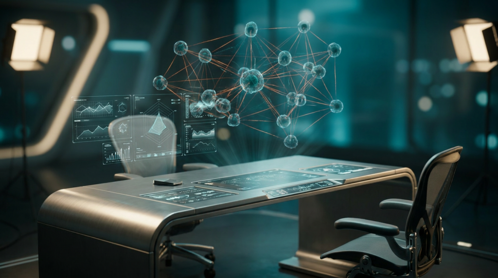 A highly detailed 16:9 widescreen photorealistic image capturing an ultra-modern minimalist executive workstation. Floating semi-transparent 3D neural nodes, rendered with subtle deep teal and soft cyan luminosity, are interconnected by fine, energetic burnt orange data pulses, forming a complex semantic network. Glowing holographic system tiles display intricate geometric telemetry graphs, illustrating dynamic data relationships and intellectual pathways, devoid of any visible text or numbers. The workstation surfaces are sleek, brushed metallic gray, catching soft warm cream key lighting. Ambient volumetric illumination in deep teal and soft cyan creates profound depth in the background. Shot on 85mm prime lens at f/1.8, shallow depth of field, creamy bokeh, cinematic volumetric studio lighting, crisp specular reflections, hyper-realistic 8K textures.