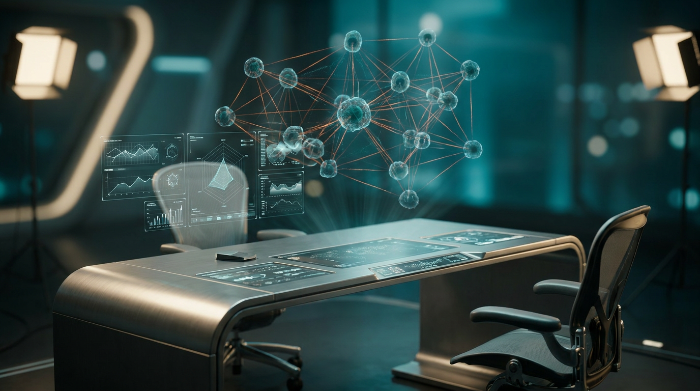 A highly detailed 16:9 widescreen photorealistic image capturing an ultra-modern minimalist executive workstation. Floating semi-transparent 3D neural nodes, rendered with subtle deep teal and soft cyan luminosity, are interconnected by fine, energetic burnt orange data pulses, forming a complex semantic network. Glowing holographic system tiles display intricate geometric telemetry graphs, illustrating dynamic data relationships and intellectual pathways, devoid of any visible text or numbers. The workstation surfaces are sleek, brushed metallic gray, catching soft warm cream key lighting. Ambient volumetric illumination in deep teal and soft cyan creates profound depth in the background. Shot on 85mm prime lens at f/1.8, shallow depth of field, creamy bokeh, cinematic volumetric studio lighting, crisp specular reflections, hyper-realistic 8K textures.