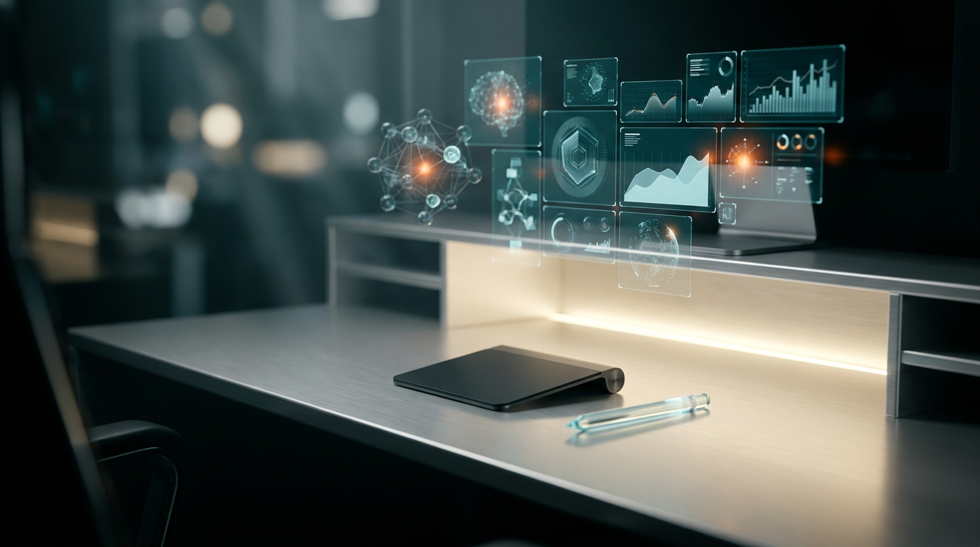 An ultra-modern minimalist executive workstation, featuring a clean, sleek brushed metallic gray (#E6E6E6) desk surface, illuminated by soft key lighting in warm cream (#FFF4CE). Above the desk, an intricate network of floating semi-transparent 3D neural network nodes and glowing holographic system tiles display interconnected, anonymized first-party data streams. Geometric telemetry graphs rise subtly upwards, indicating growth and strategic insights. Energetic data pulses and focal point glows in burnt orange (#E06719) accent specific areas of data visualization, contrasting with the ambient volumetric illumination of deep teal (#116F76) and soft cyan (#C1E3E6) that creates background depth and highlights glass node reflections. The overall scene conveys sophisticated control, privacy-compliant data management, and strategic B2B insights in a future-forward environment, with absolutely no visible text, typography, letters, charts with writing, or fake brand logos. shot on 85mm prime lens at f/1.8, shallow depth of field, creamy bokeh, cinematic volumetric studio lighting, crisp specular reflections, hyper-realistic 8K textures. 16:9 widescreen aspect ratio.