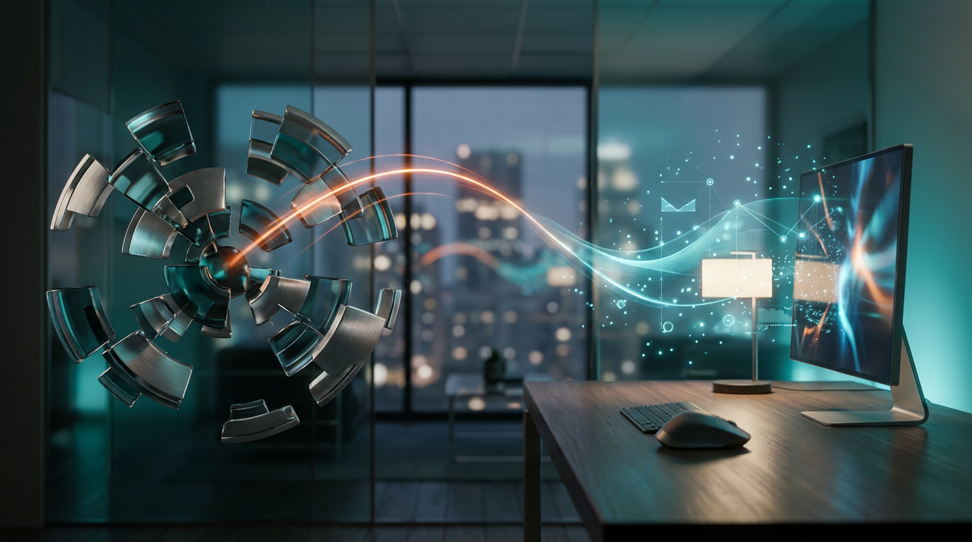 Ultra-modern minimalist executive workstation at dusk, 85mm prime lens, f/1.8, shallow depth of field, creamy bokeh, cinematic volumetric studio lighting, crisp specular reflections, hyper-realistic 8K textures, 16:9 widescreen aspect ratio. On the left side of the sleek desk, semi-transparent 3D neural nodes appear complex and fragmented, glowing with subtle brushed metallic gray and deep teal, representing 'friction' and decision-making obstacles. On the right side, these nodes seamlessly transition into clear, flowing holographic data streams and geometric telemetry graphs, beautifully illuminated by soft cyan and deep teal, symbolizing 'motivation' and frictionless progress. A dynamic, vibrant burnt orange energetic light streak or automated data pulse dramatically arcs from the fragmented left, visibly resolving their complexity and guiding them into the smooth, high-converting flow on the right. The minimalist desk surface is gently kissed by a soft warm cream key light. Ambient volumetric illumination and subtle glass node reflections throughout the scene feature deep teal and soft cyan gradients. Absolutely no visible text, typography, letters, charts with writing, or fake brand logos.