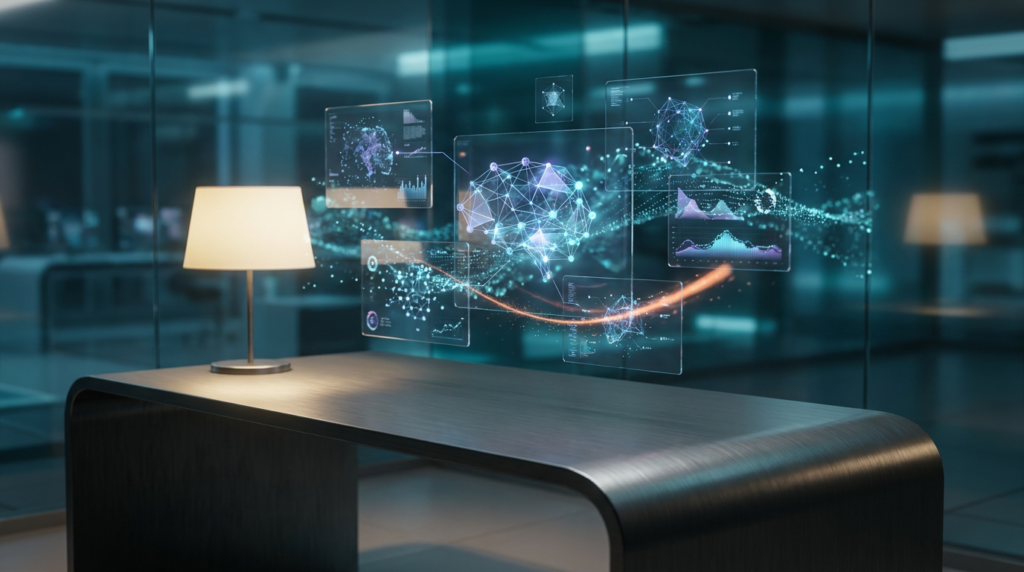 An ultra-modern minimalist executive workstation, foregrounded by a sleek brushed metallic gray desk, softly illuminated by a warm cream key light. Above the desk, a dynamic arrangement of floating, semi-transparent 3D neural nodes and glowing holographic system tiles displays intricate geometric telemetry graphs, visualizing complex data streams and comparative analytics representing A/B split testing and multivariate experimentation. A subtle, energetic light streak in burnt orange pulses through the holographic data, symbolizing exponential growth and optimized pathways. Ambient volumetric illumination in deep teal and soft cyan provides depth and ethereal reflections on the glass nodes and workstation surfaces, creating a high-tech engineering environment. Shot on 85mm prime lens at f/1.8, shallow depth of field, creamy bokeh, cinematic volumetric studio lighting, crisp specular reflections, hyper-realistic 8K textures, 16:9 widescreen aspect ratio --no text, typography, letters, logos, charts with writing
