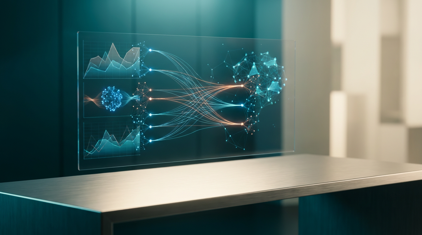 An ultra-modern minimalist executive workstation features a central, large, interactive holographic display presenting abstract, glowing geometric telemetry graphs and interconnected semi-transparent 3D neural network nodes, visually articulating complex B2B growth metrics, pipeline velocity, and data flow without any visible text, numbers, or logos. Distinct, interconnected data streams subtly represent concepts of customer acquisition, lifetime value, conversion funnels, and retention. Ambient volumetric illumination in deep teal and soft cyan washes the scene, reflecting subtly on brushed metallic gray surfaces of the workstation and surrounding architectural elements. A soft warm cream key light gently illuminates the workspace. Subtle energetic burnt orange light streaks and automated data pulses flow through key holographic connections, emphasizing insights and growth. Shot on 85mm prime lens at f/1.8, shallow depth of field, creamy bokeh, cinematic volumetric studio lighting, crisp specular reflections, hyper-realistic 8K textures. 16:9 widescreen aspect ratio.