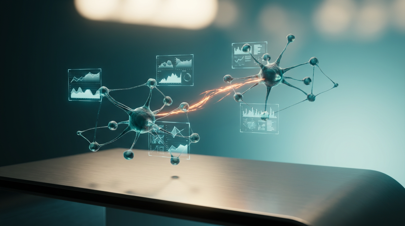 Ultra-modern minimalist executive workstation, featuring a sleek brushed metallic gray desk surface, bathed in soft warm cream key lighting. Floating above the desk, semi-transparent 3D neural network nodes, illuminated with a deep teal and soft cyan volumetric glow, intricately connect to dynamic, glowing holographic system tiles displaying geometric telemetry graphs and data patterns in crisp soft cyan. A subtle, energetic burnt orange light streak, symbolizing rapid data flow, pulses between the neural nodes and the holographic projections. The background gradients shift from deep teal to soft cyan, adding depth and a sense of infinite digital space. Absolutely no text, typography, numbers, charts with writing, or logos are visible. Photorealistic, shot on 85mm prime lens at f/1.8, shallow depth of field, creamy bokeh, cinematic volumetric studio lighting, crisp specular reflections, hyper-realistic 8K textures. 16:9 widescreen aspect ratio.