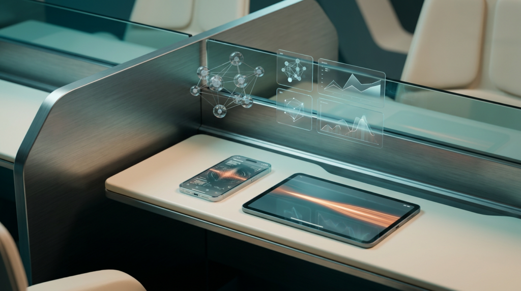A futuristic, ultra-modern minimalist executive workstation, elegantly designed with brushed metallic gray architectural elements and soft warm cream minimalist surfaces. On the desk, a sleek, semi-transparent smartphone and tablet are prominently displayed. The smartphone screen depicts a complex B2B lead generation form with a subtle, disruptive data pulse in burnt orange, visually representing friction. The tablet screen shows a streamlined, optimized B2B mobile checkout process, where the burnt orange pulse has transformed into a smooth, energetic light streak indicating successful flow. Above the workstation, floating semi-transparent 3D neural nodes and glowing holographic system tiles with geometric telemetry graphs visualize conversion rates increasing and friction being eliminated. The entire scene is bathed in cinematic volumetric studio lighting with deep teal and soft cyan ambient illumination, creating background gradient depth and crisp specular reflections on all glass and metallic surfaces. No visible text, typography, letters, charts with writing, or fake brand logos. Shot on 85mm prime lens at f/1.8, shallow depth of field, creamy bokeh, hyper-realistic 8K textures. 16:9 widescreen aspect ratio.
