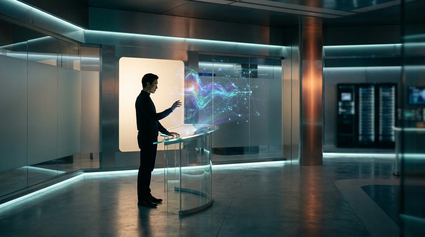 A high-end cinematic wide shot of a futuristic, minimalist command center designed for automated enterprise acquisition, featuring a sleek, glowing glass console surface that displays a sophisticated abstract visualization of flowing data streams and interconnected digital nodes. A professional creative lead stands in profile, interacting with the holographic interface with precision, their figure subtly illuminated by soft, professional key lighting in warm cream tones. The architectural environment is composed of brushed metallic gray surfaces and frosted glass partitions that catch deep teal and soft cyan ambient rim lighting. A singular, deliberate pop of warm burnt orange light reflects off a polished surface, symbolizing high-energy conversion. The depth of field is shallow, focusing on the interface, shot on an 85mm prime lens at f/1.8, creating a polished, crisp, and high-tech atmosphere, 8K resolution, award-winning commercial studio photography, no text, no letters, no branding.